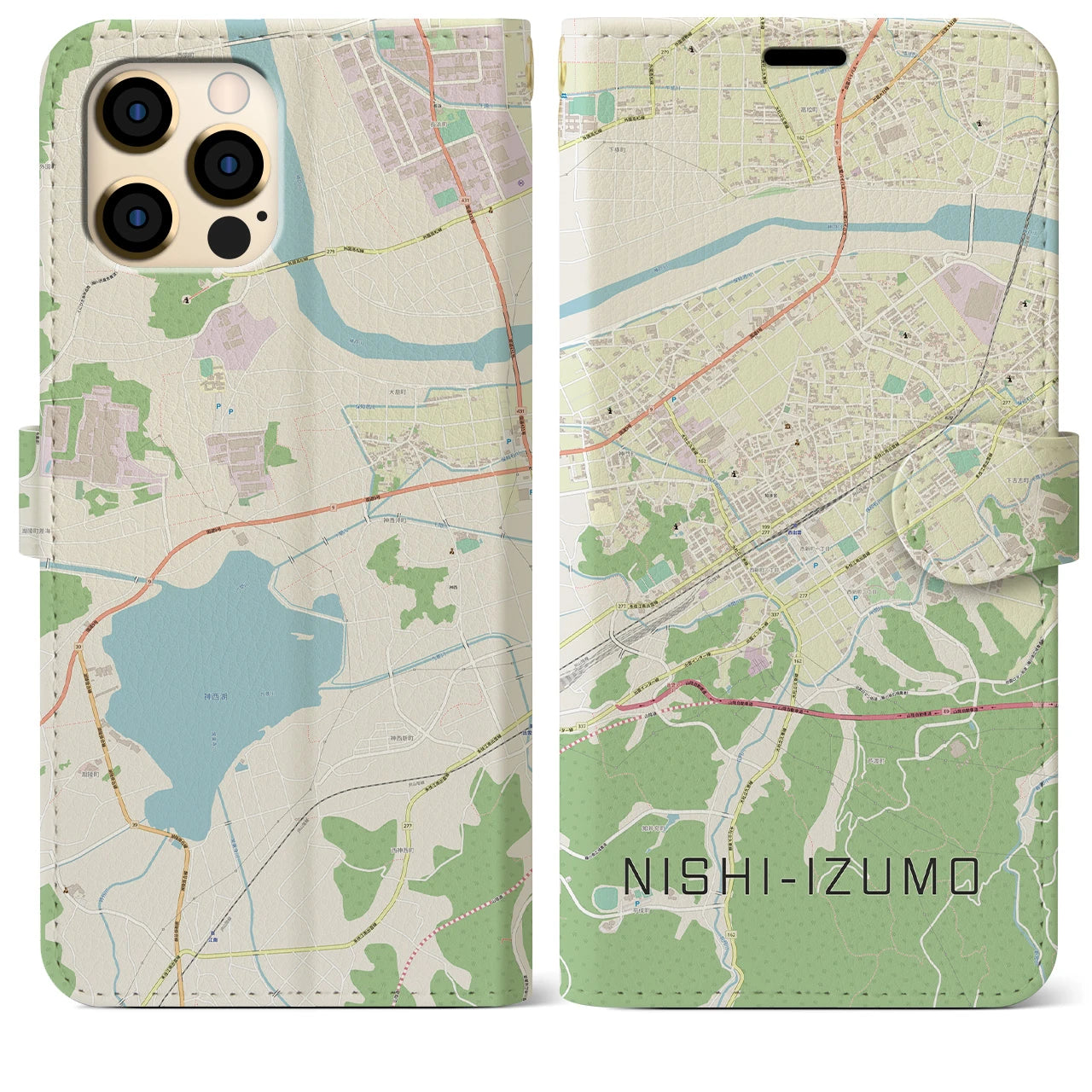 【西出雲(島根県)】地図柄iPhoneケース(手帳タイプ)ナチュラル・iPhone 12 Pro Max 用