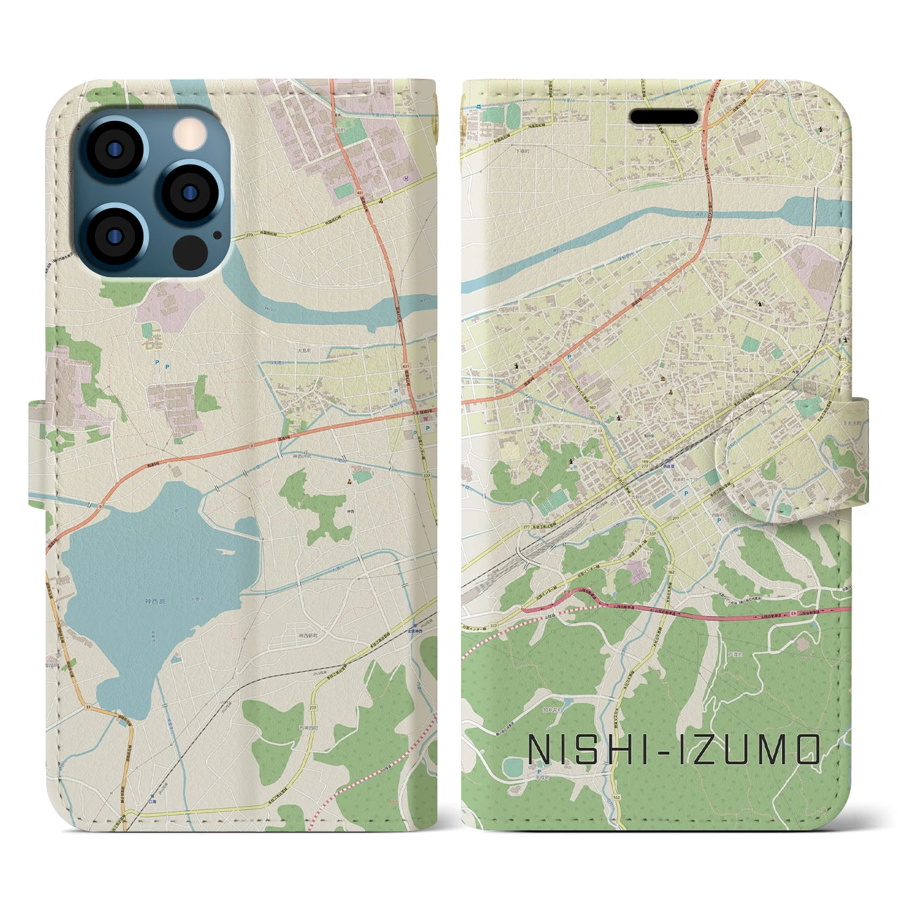 【西出雲(島根県)】地図柄iPhoneケース(手帳タイプ)ナチュラル・iPhone 12 / 12 Pro 用