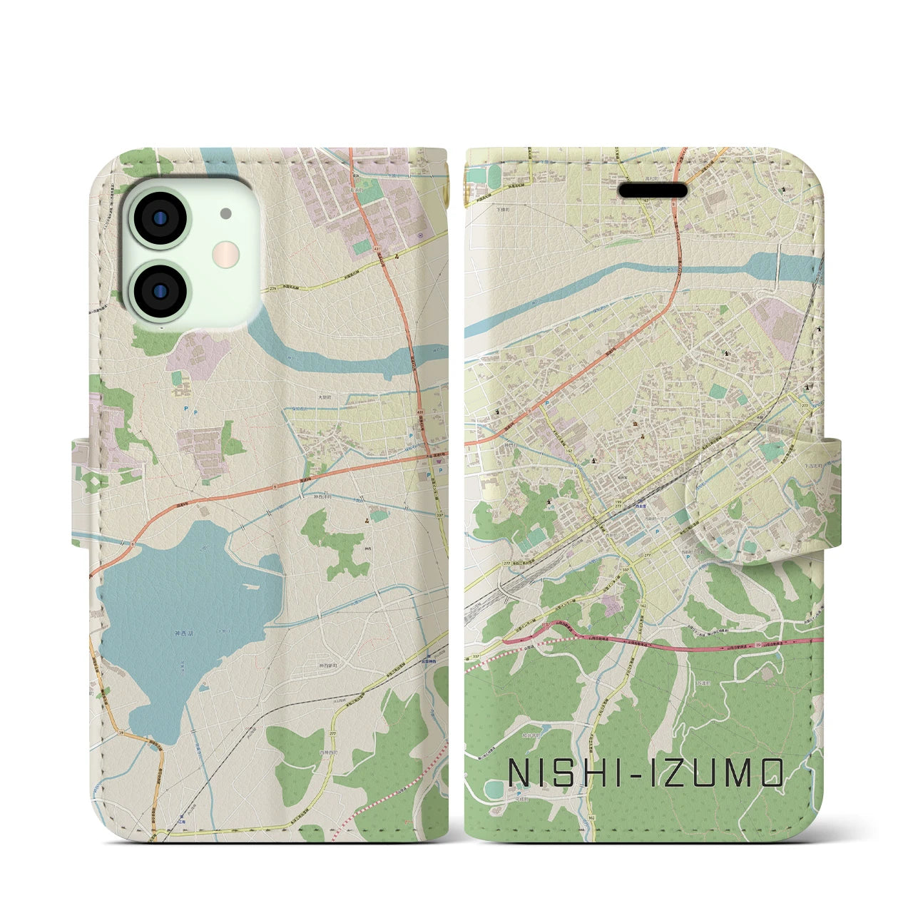 【西出雲(島根県)】地図柄iPhoneケース(手帳タイプ)ナチュラル・iPhone 12 mini 用