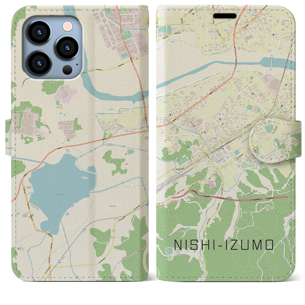 【西出雲(島根県)】地図柄iPhoneケース(手帳タイプ)ナチュラル・iPhone 13 Pro Max 用