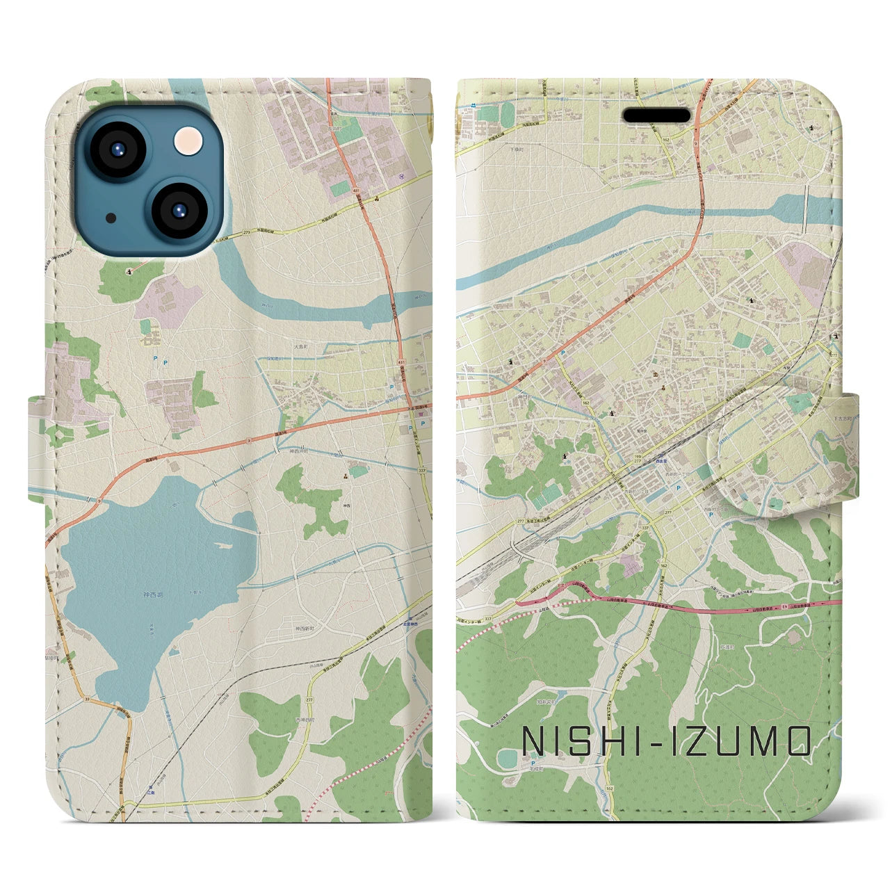 【西出雲(島根県)】地図柄iPhoneケース(手帳タイプ)ナチュラル・iPhone 13 用