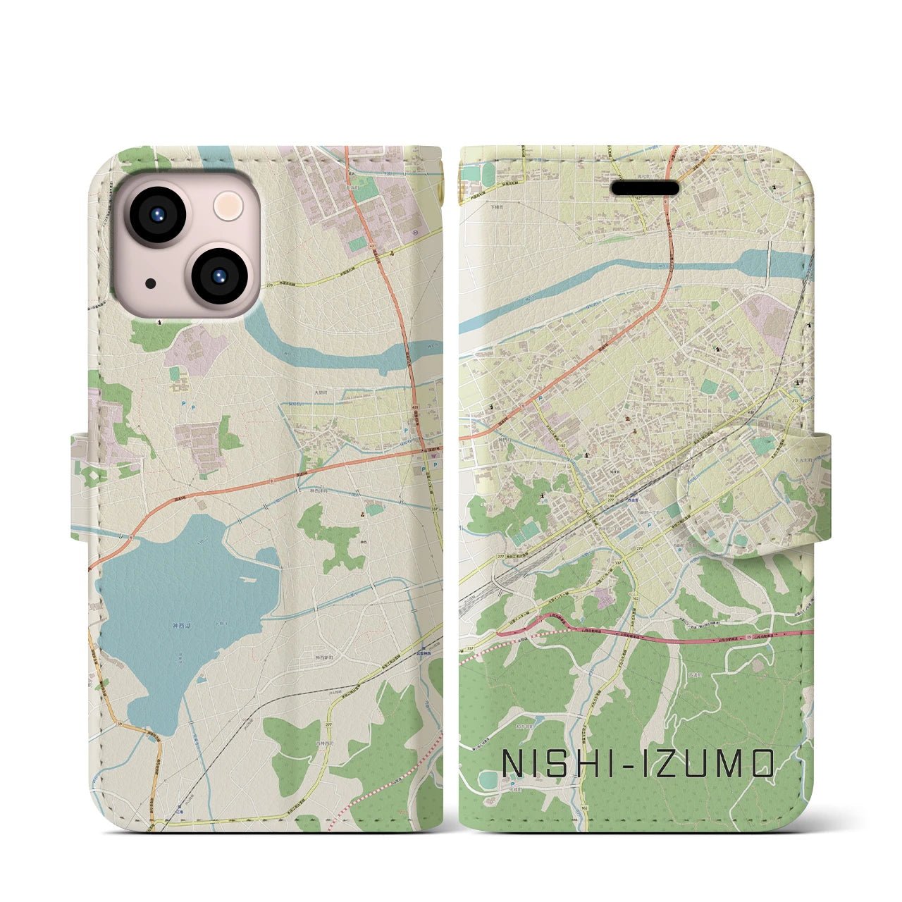 【西出雲(島根県)】地図柄iPhoneケース(手帳タイプ)ナチュラル・iPhone 13 mini 用