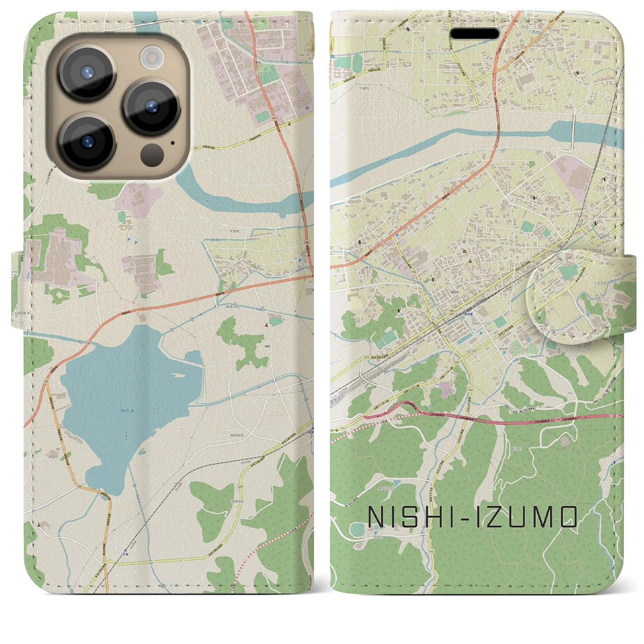 【西出雲(島根県)】地図柄iPhoneケース(手帳タイプ)ナチュラル・iPhone 14 Pro Max 用
