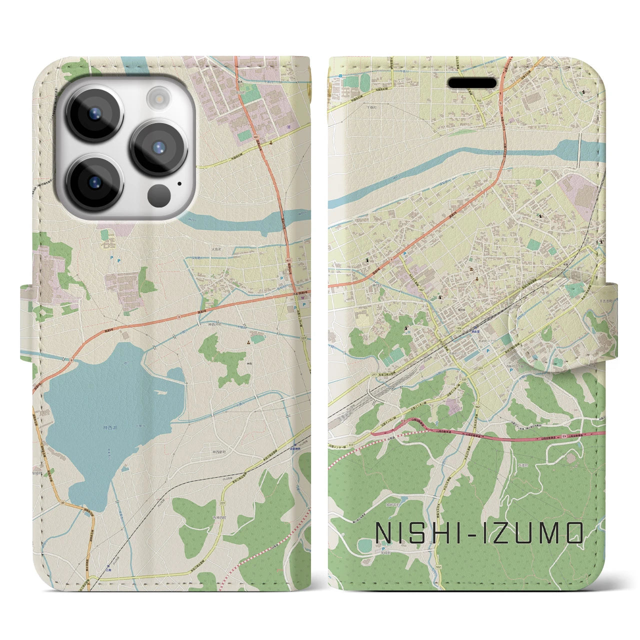 【西出雲(島根県)】地図柄iPhoneケース(手帳タイプ)ナチュラル・iPhone 14 Pro 用