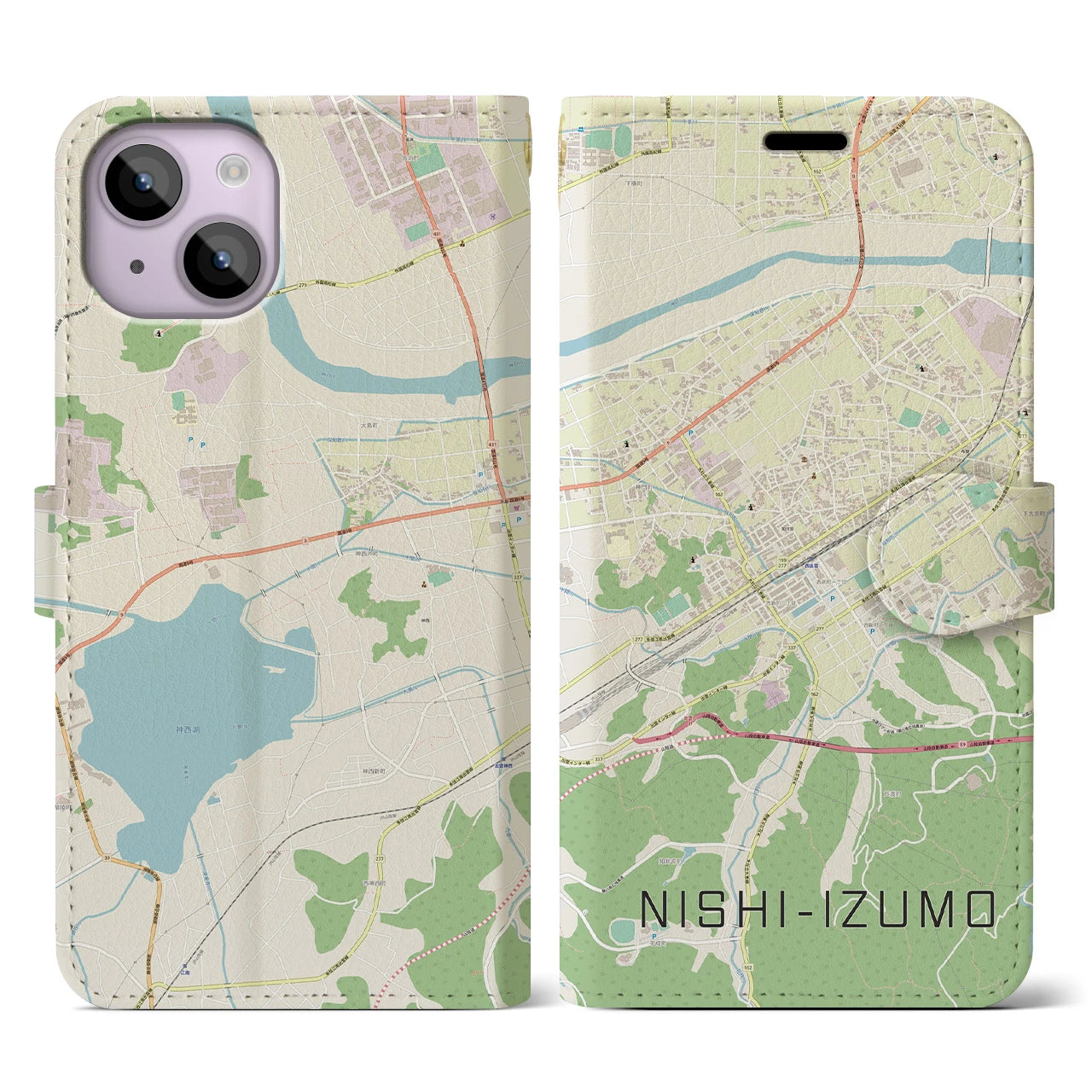 【西出雲(島根県)】地図柄iPhoneケース(手帳タイプ)ナチュラル・iPhone 14 用