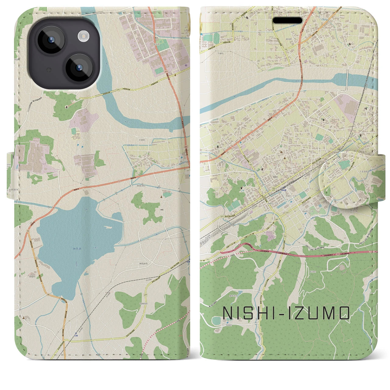 【西出雲(島根県)】地図柄iPhoneケース(手帳タイプ)ナチュラル・iPhone 14 Plus 用