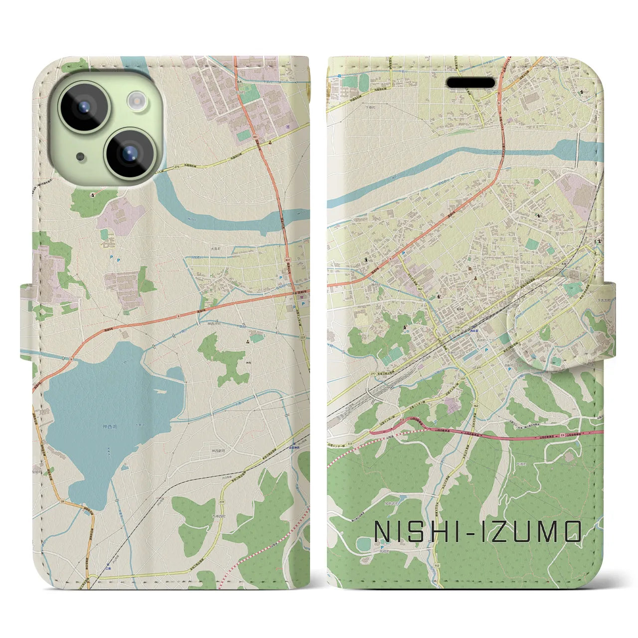 【西出雲(島根県)】地図柄iPhoneケース(手帳タイプ)ナチュラル・iPhone 15 用
