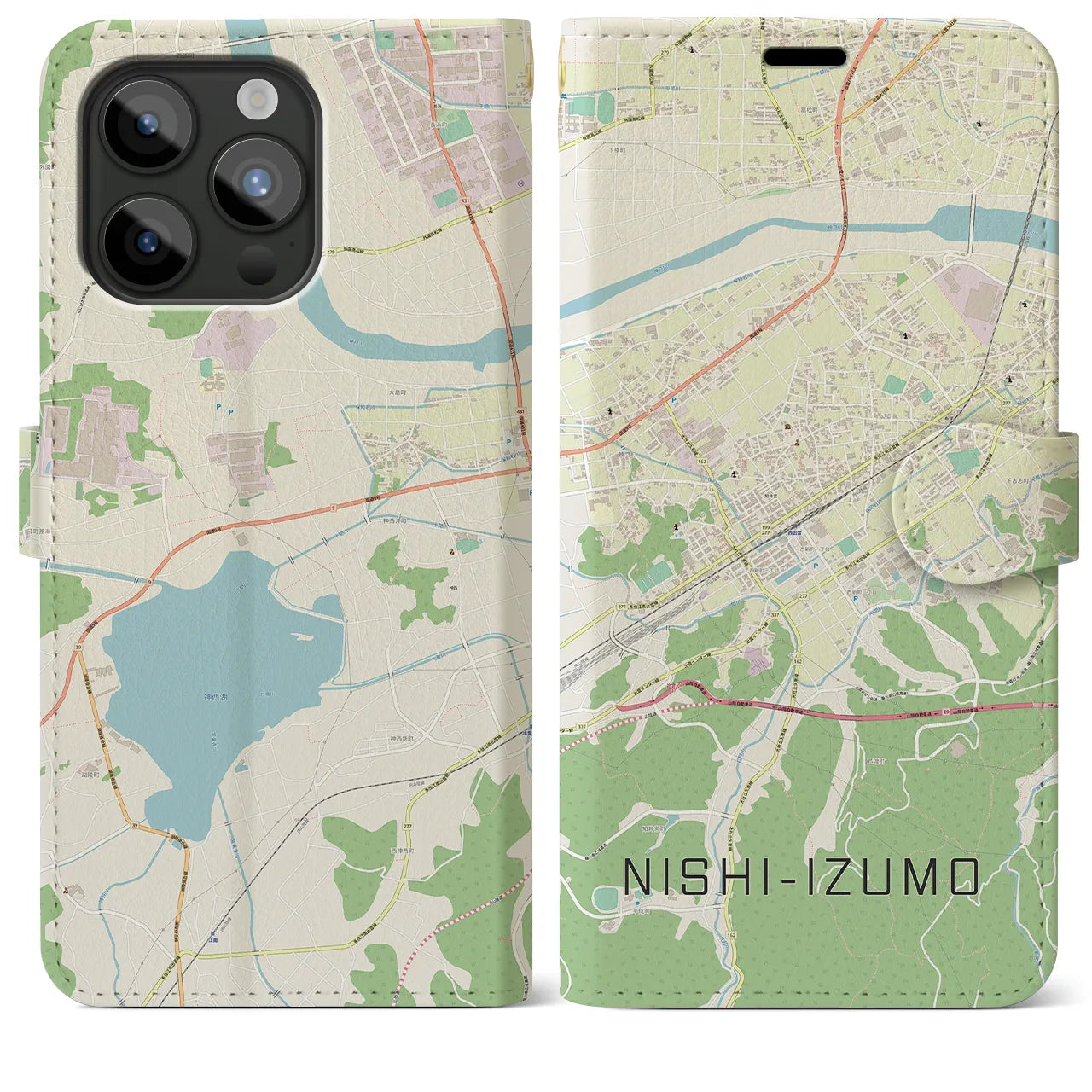 【西出雲(島根県)】地図柄iPhoneケース(手帳タイプ)ナチュラル・iPhone 15 Pro Max 用