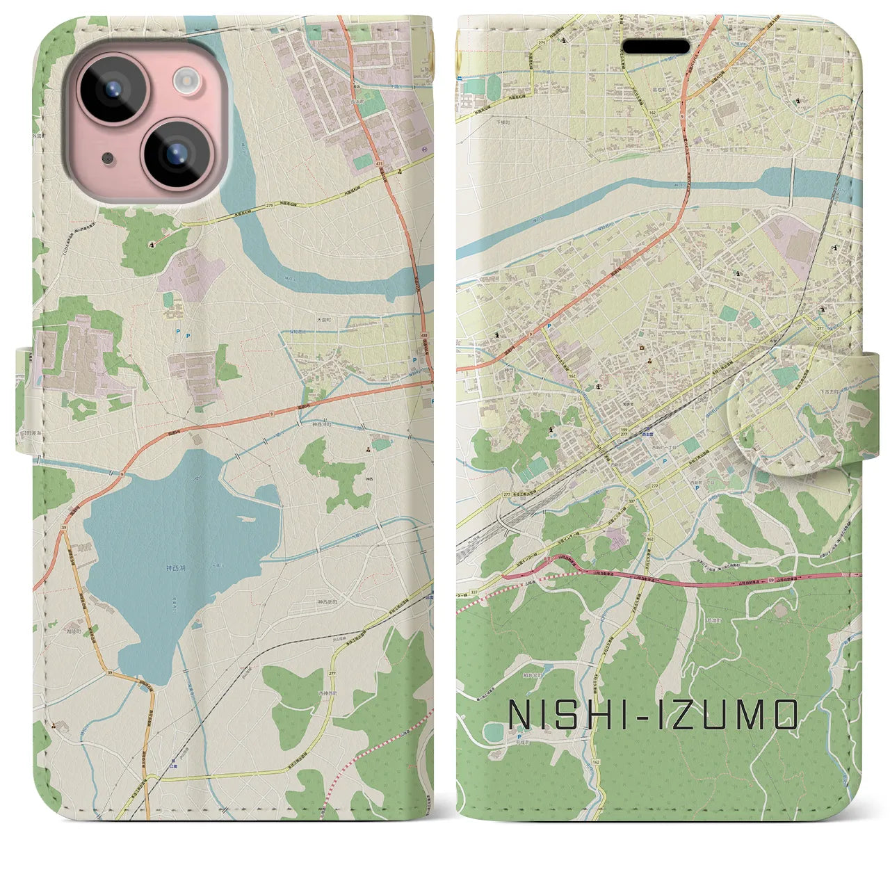 【西出雲(島根県)】地図柄iPhoneケース(手帳タイプ)ナチュラル・iPhone 15 Plus 用