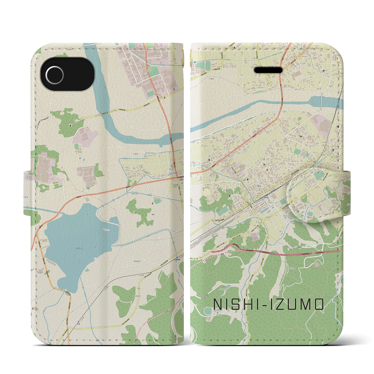 【西出雲(島根県)】地図柄iPhoneケース(手帳タイプ)ナチュラル・iPhone SE(第3 / 第2世代) / 8 / 7 / 6s / 6 用