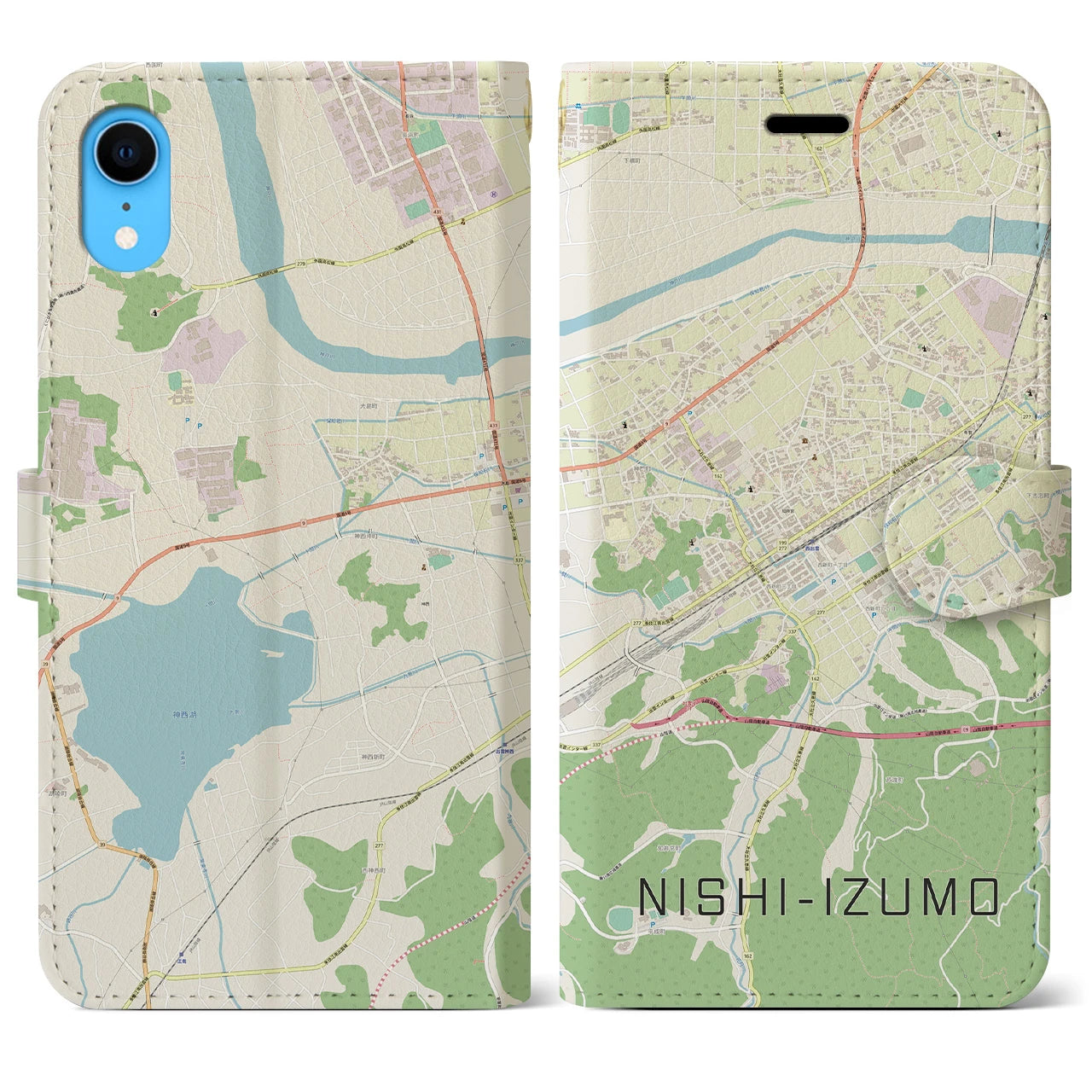 【西出雲(島根県)】地図柄iPhoneケース(手帳タイプ)ナチュラル・iPhone XR 用