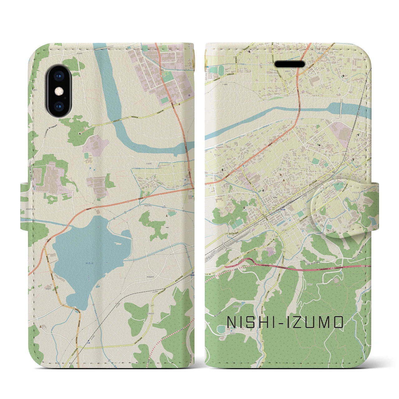 【西出雲(島根県)】地図柄iPhoneケース(手帳タイプ)ナチュラル・iPhone XS / X 用