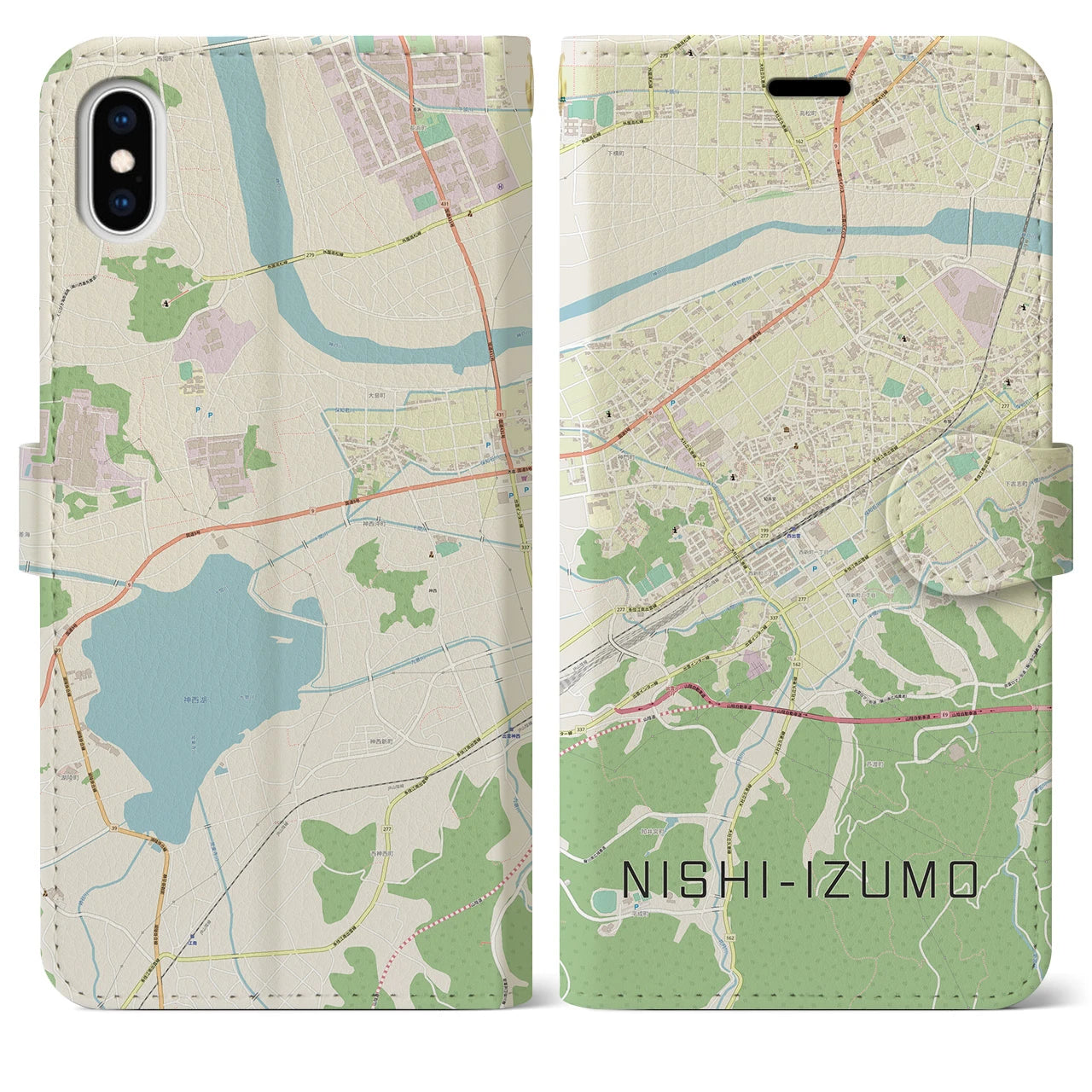 【西出雲(島根県)】地図柄iPhoneケース(手帳タイプ)ナチュラル・iPhone XS Max 用