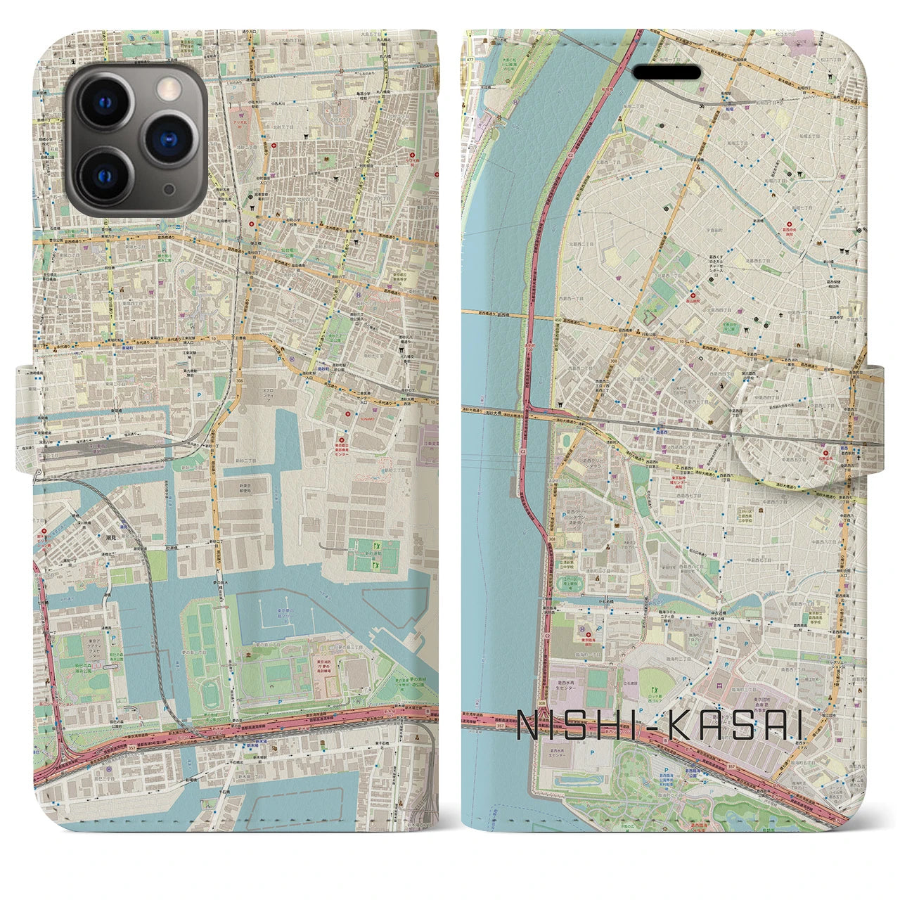 【西葛西(東京都)】地図柄iPhoneケース(手帳タイプ)ナチュラル・iPhone 11 Pro Max 用