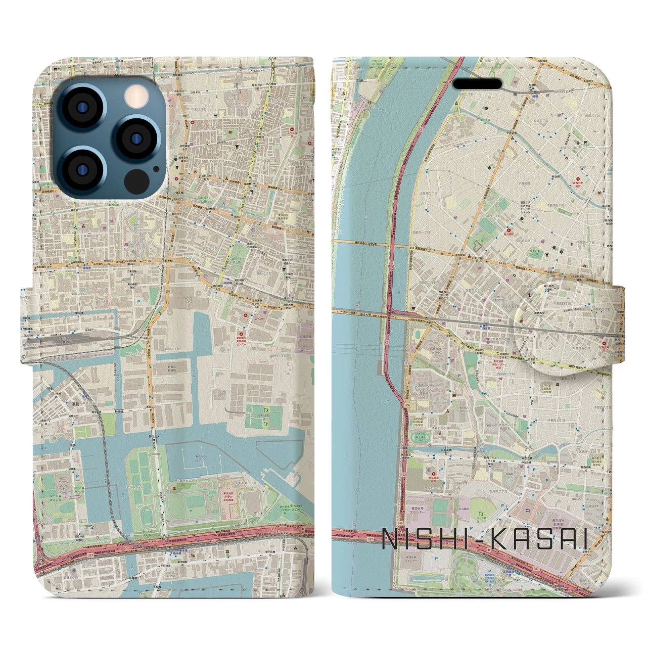 【西葛西(東京都)】地図柄iPhoneケース(手帳タイプ)ナチュラル・iPhone 12 / 12 Pro 用