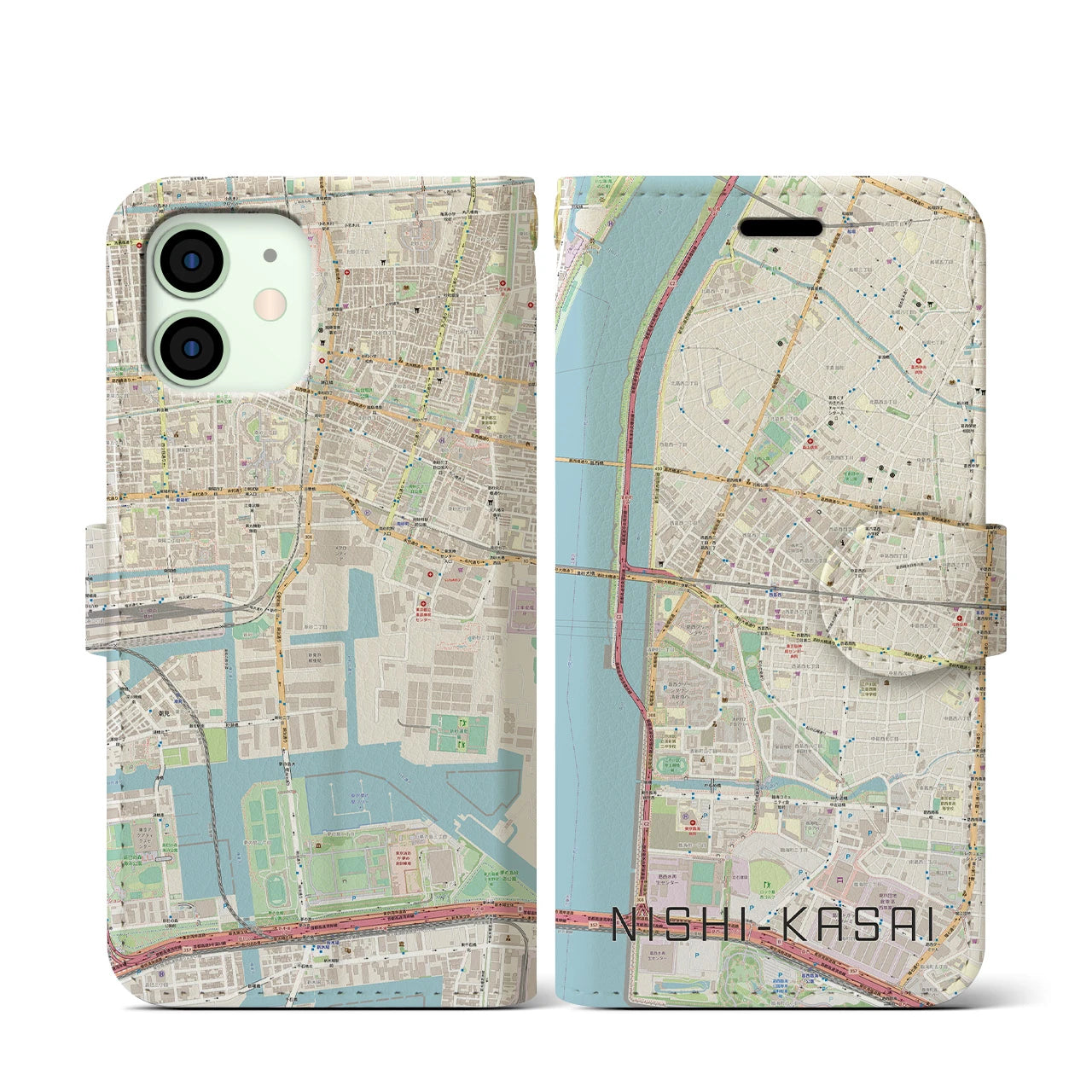 【西葛西(東京都)】地図柄iPhoneケース(手帳タイプ)ナチュラル・iPhone 12 mini 用
