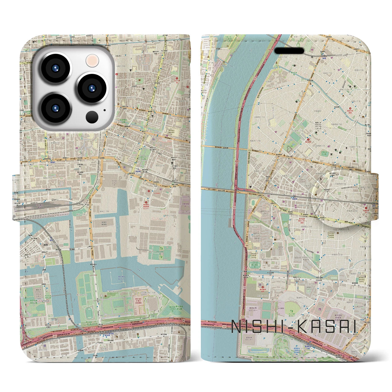 【西葛西(東京都)】地図柄iPhoneケース(手帳タイプ)ナチュラル・iPhone 13 Pro 用