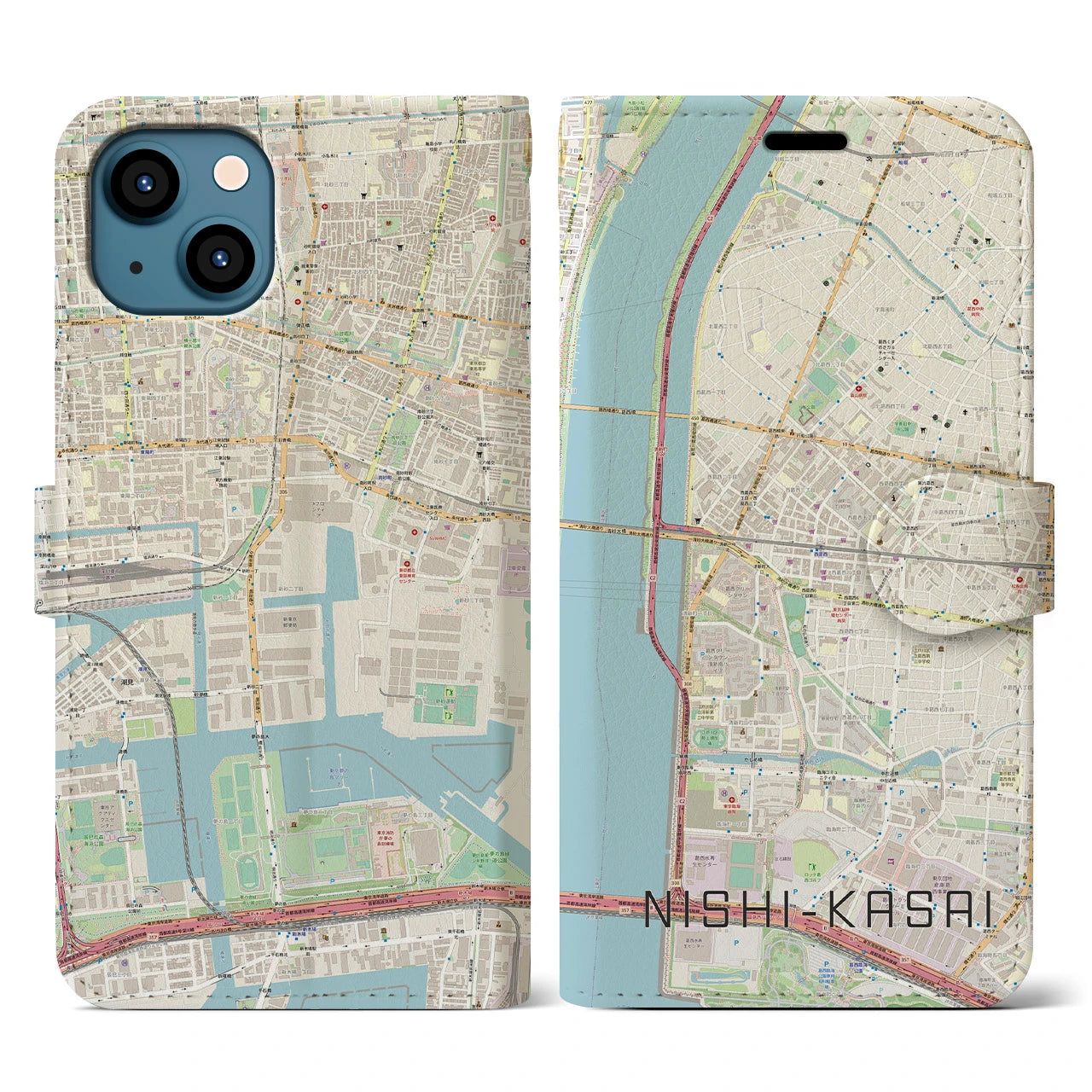 【西葛西(東京都)】地図柄iPhoneケース(手帳タイプ)ナチュラル・iPhone 13 用