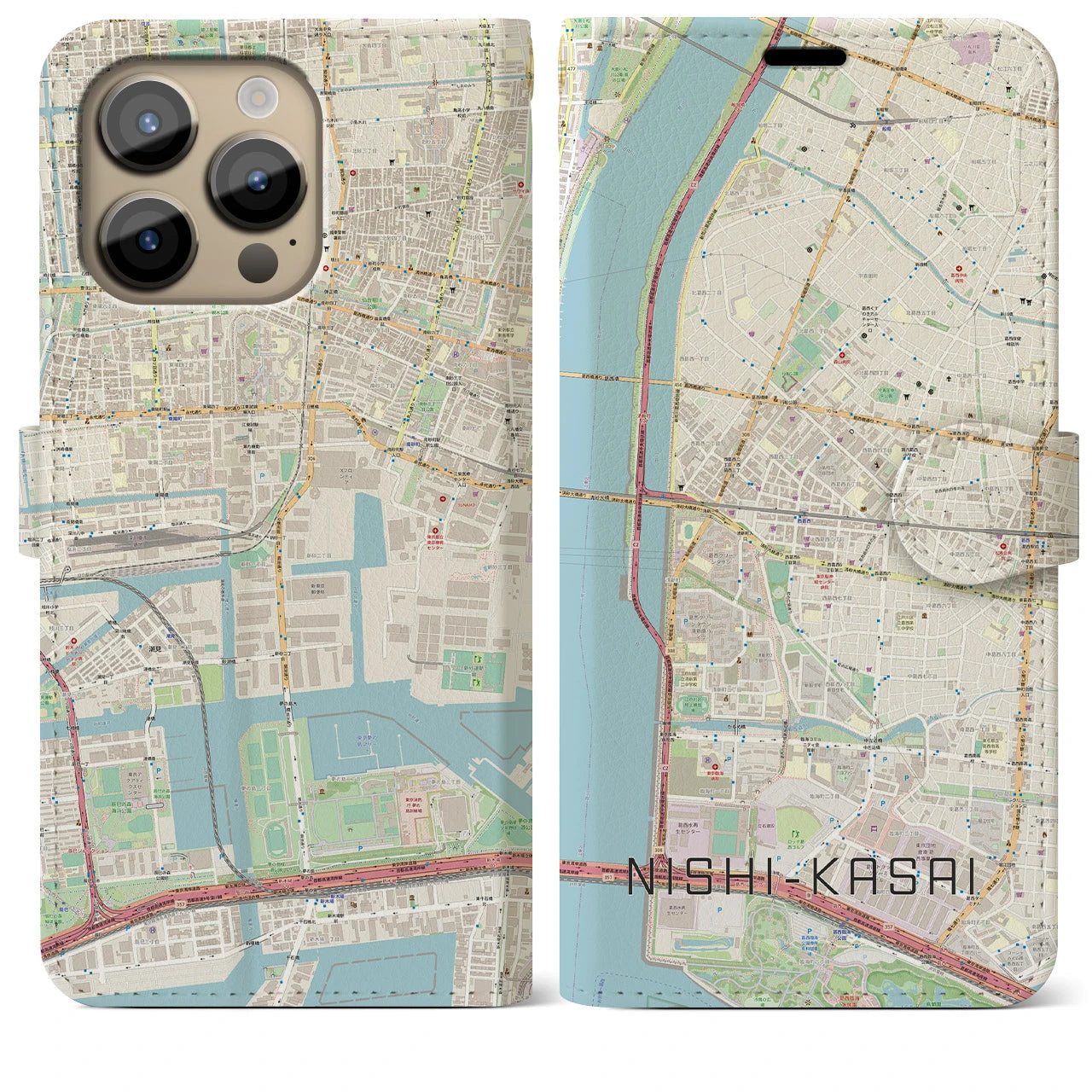 【西葛西(東京都)】地図柄iPhoneケース(手帳タイプ)ナチュラル・iPhone 14 Pro Max 用
