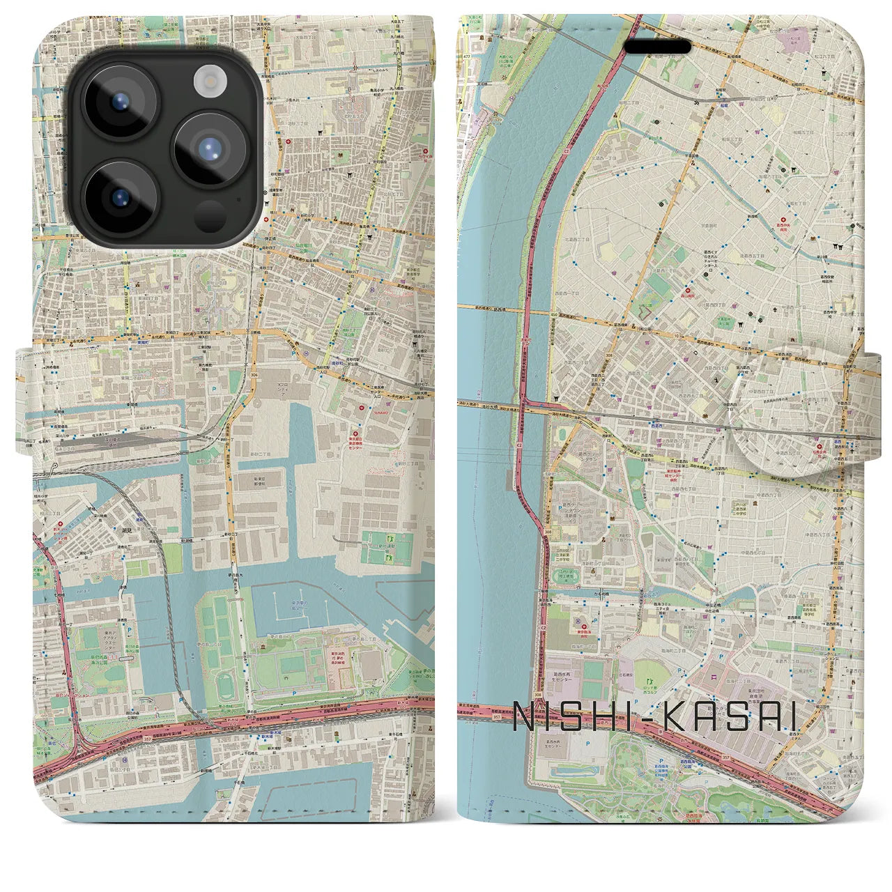 【西葛西(東京都)】地図柄iPhoneケース(手帳タイプ)ナチュラル・iPhone 15 Pro Max 用