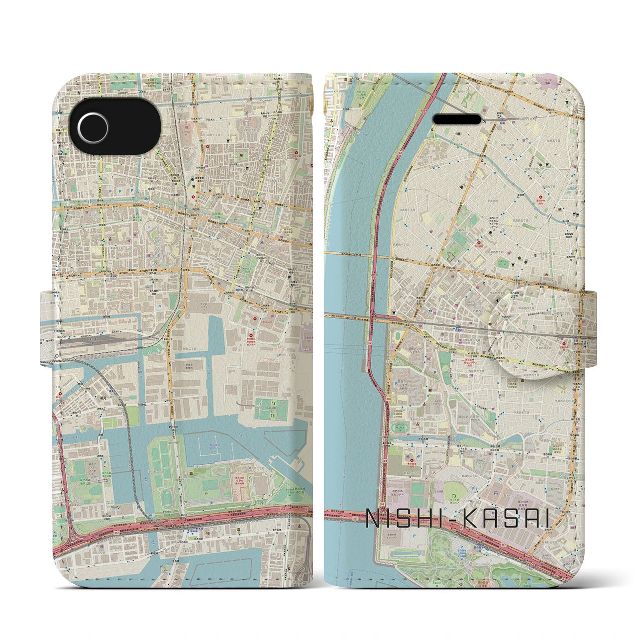 【西葛西(東京都)】地図柄iPhoneケース(手帳タイプ)ナチュラル・iPhone SE(第3 / 第2世代) / 8 / 7 / 6s / 6 用