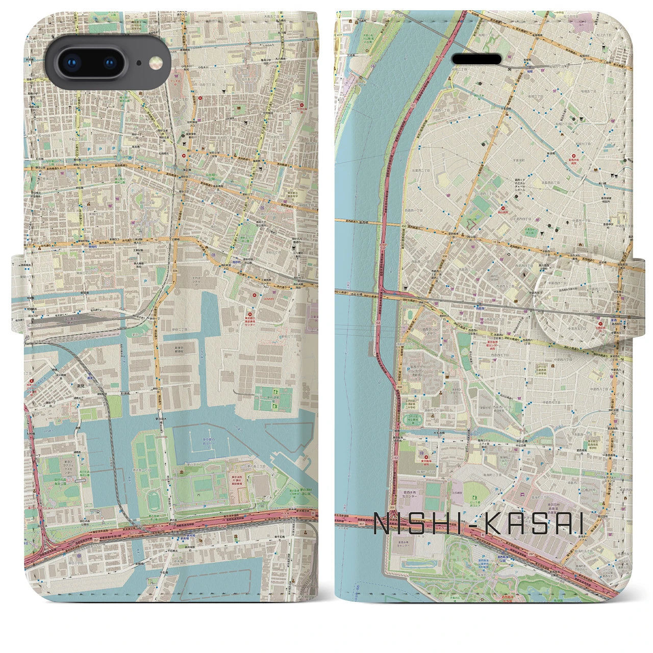 【西葛西(東京都)】地図柄iPhoneケース(手帳タイプ)ナチュラル・iPhone 8Plus /7Plus / 6sPlus / 6Plus 用