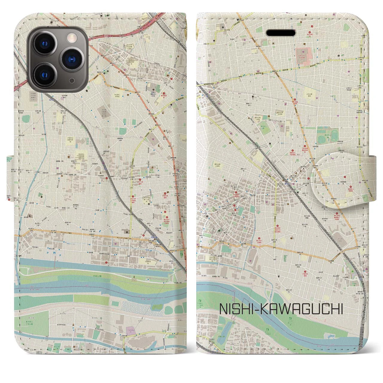 【西川口(埼玉県)】地図柄iPhoneケース(手帳タイプ)ナチュラル・iPhone 11 Pro Max 用