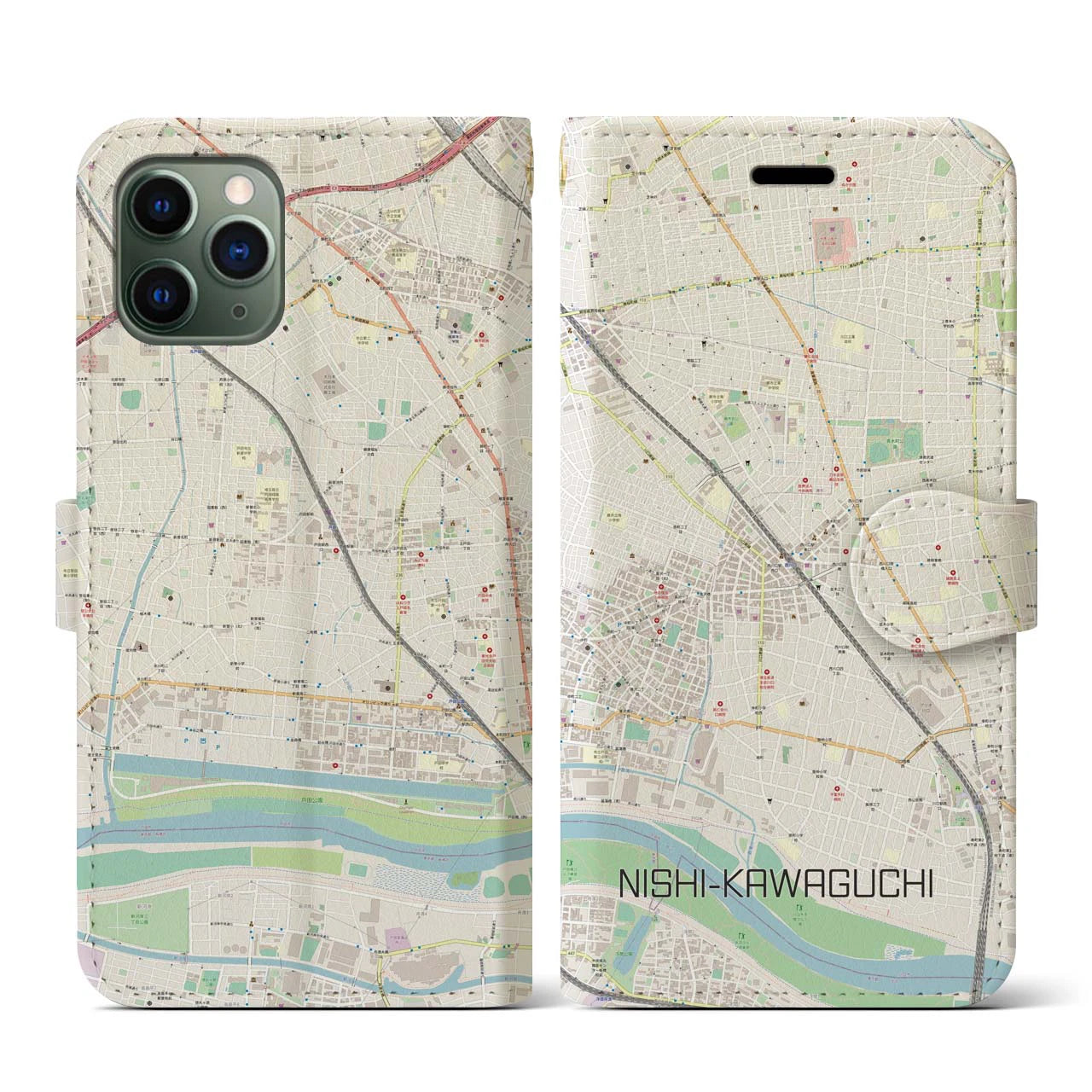 【西川口(埼玉県)】地図柄iPhoneケース(手帳タイプ)ナチュラル・iPhone 11 Pro 用