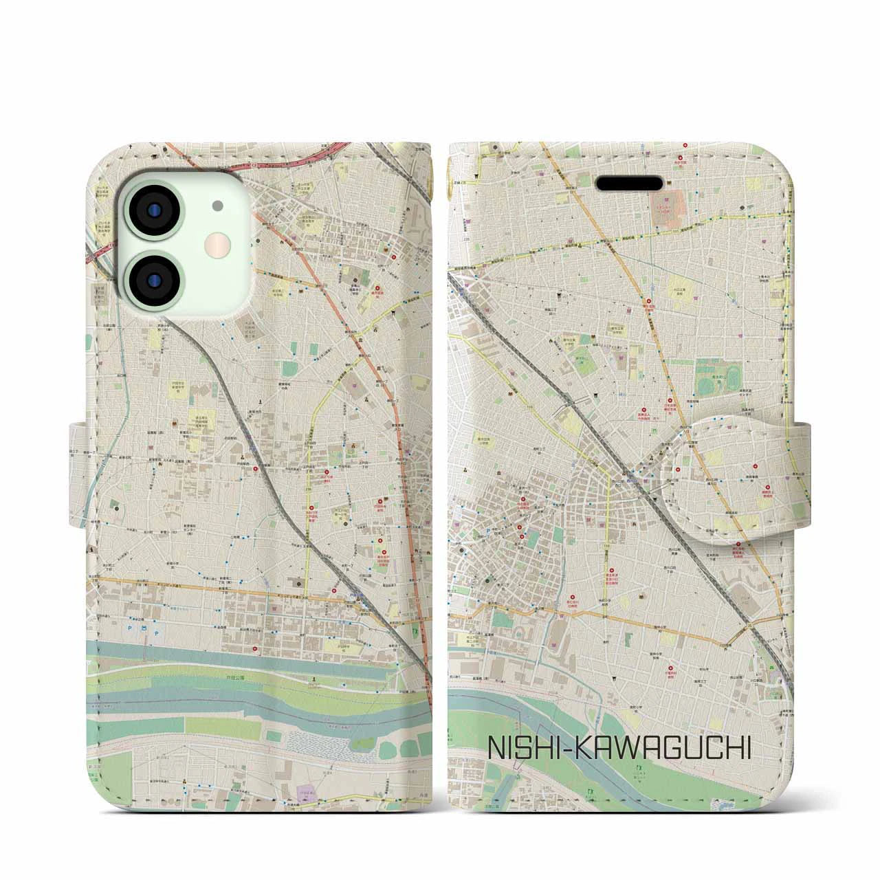【西川口(埼玉県)】地図柄iPhoneケース(手帳タイプ)ナチュラル・iPhone 12 mini 用