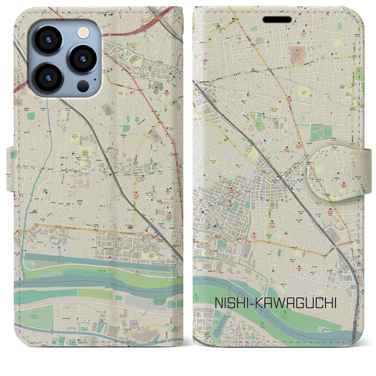 【西川口(埼玉県)】地図柄iPhoneケース(手帳タイプ)ナチュラル・iPhone 13 Pro Max 用