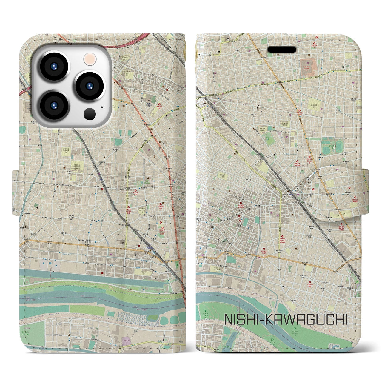 【西川口(埼玉県)】地図柄iPhoneケース(手帳タイプ)ナチュラル・iPhone 13 Pro 用
