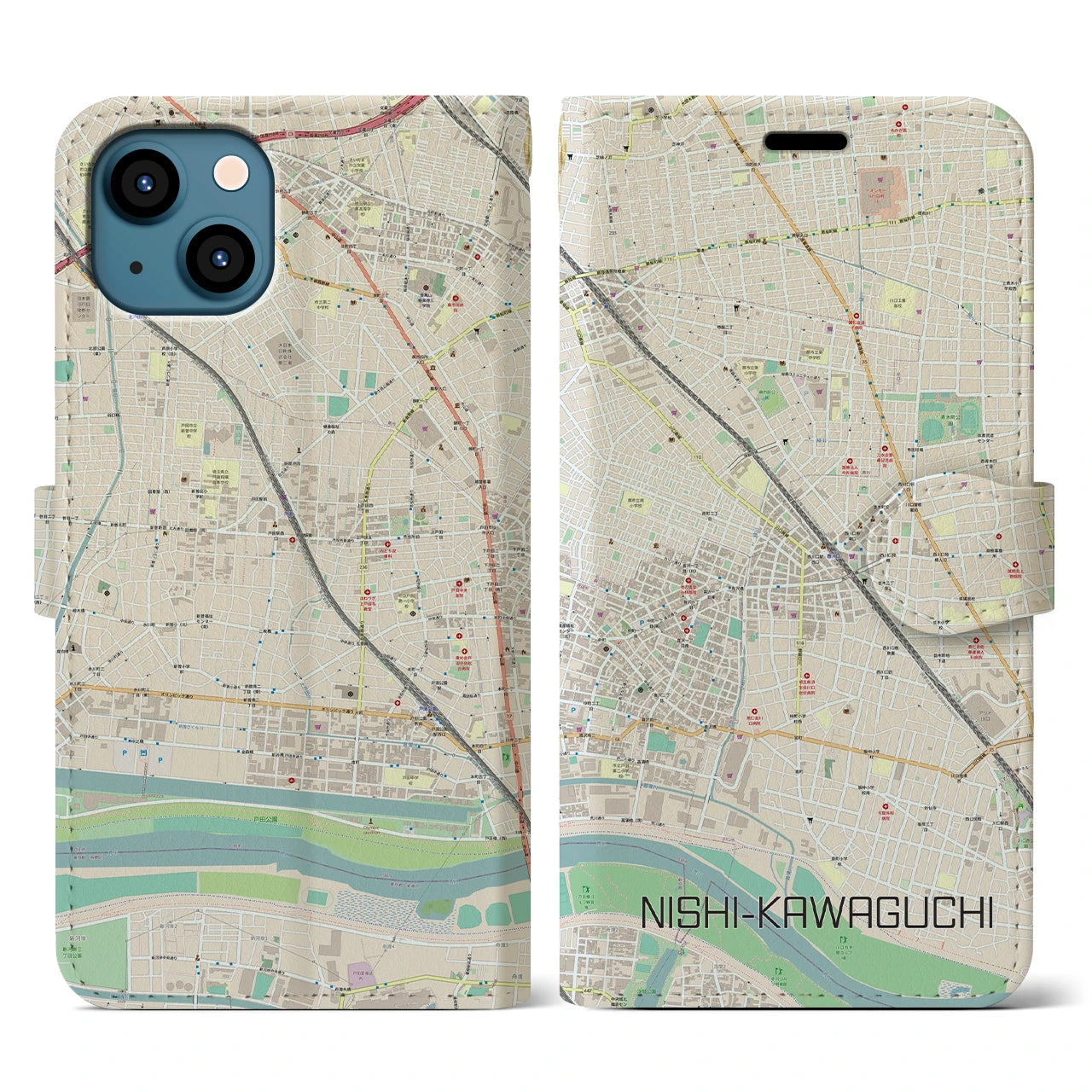 【西川口(埼玉県)】地図柄iPhoneケース(手帳タイプ)ナチュラル・iPhone 13 用