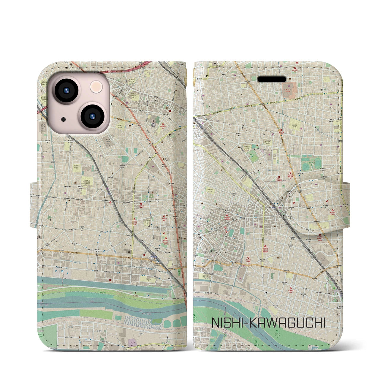 【西川口(埼玉県)】地図柄iPhoneケース(手帳タイプ)ナチュラル・iPhone 13 mini 用