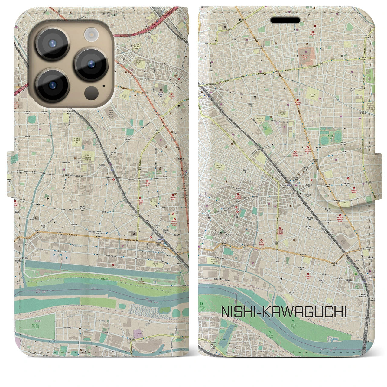 【西川口(埼玉県)】地図柄iPhoneケース(手帳タイプ)ナチュラル・iPhone 14 Pro Max 用