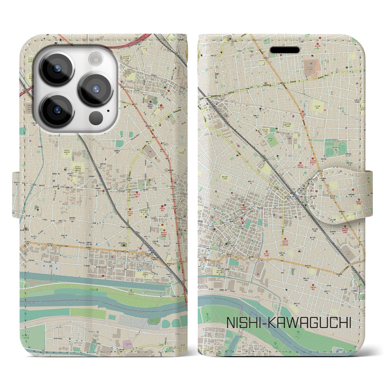 【西川口(埼玉県)】地図柄iPhoneケース(手帳タイプ)ナチュラル・iPhone 14 Pro 用