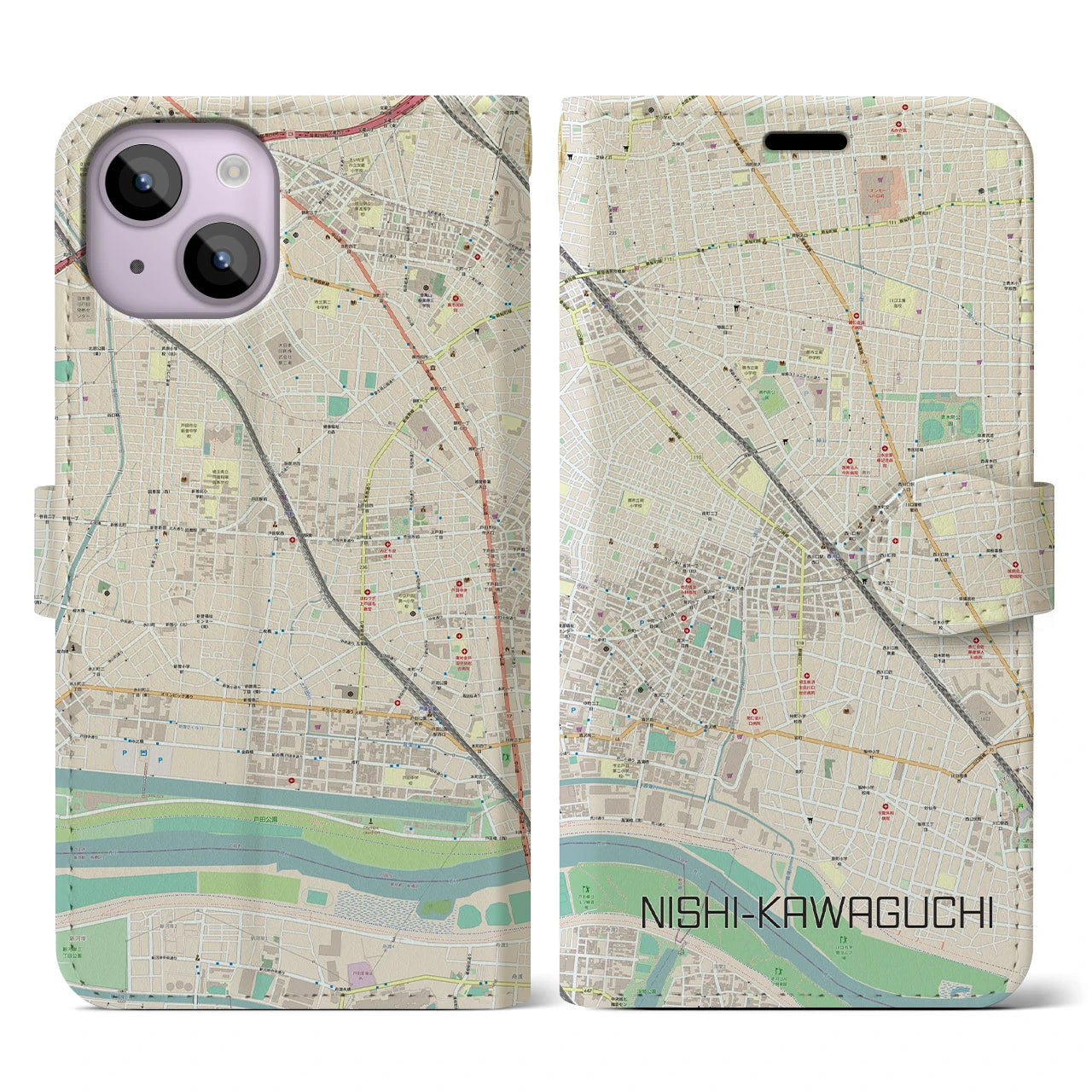 【西川口(埼玉県)】地図柄iPhoneケース(手帳タイプ)ナチュラル・iPhone 14 用