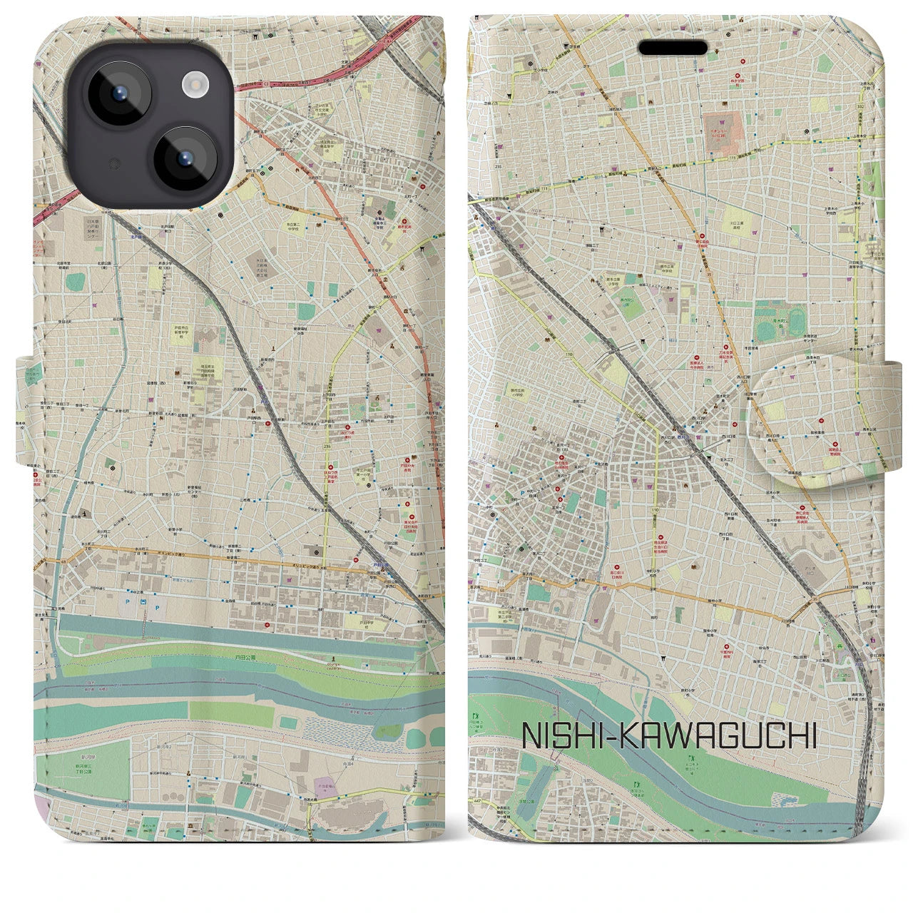 【西川口(埼玉県)】地図柄iPhoneケース(手帳タイプ)ナチュラル・iPhone 14 Plus 用