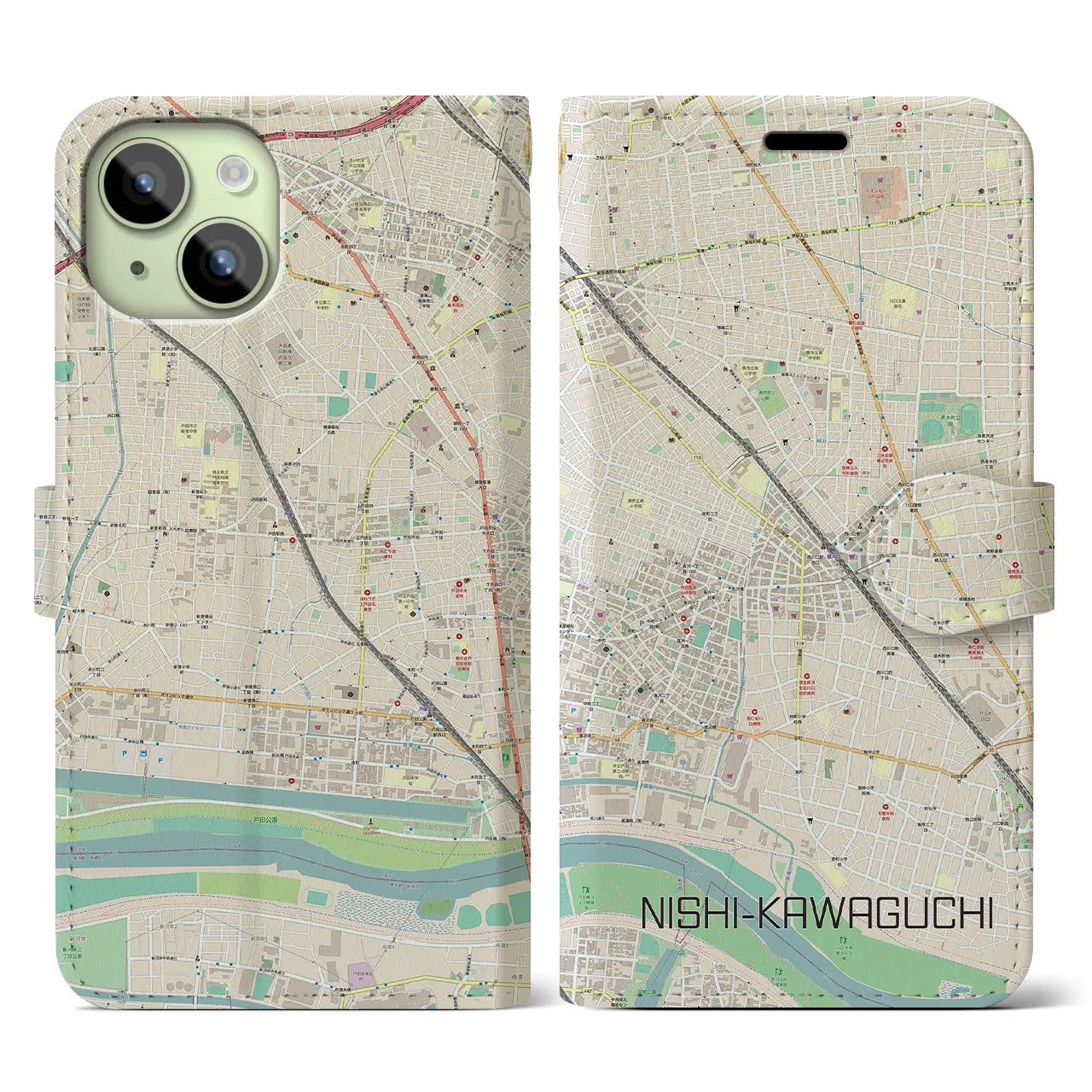 【西川口(埼玉県)】地図柄iPhoneケース(手帳タイプ)ナチュラル・iPhone 15 用