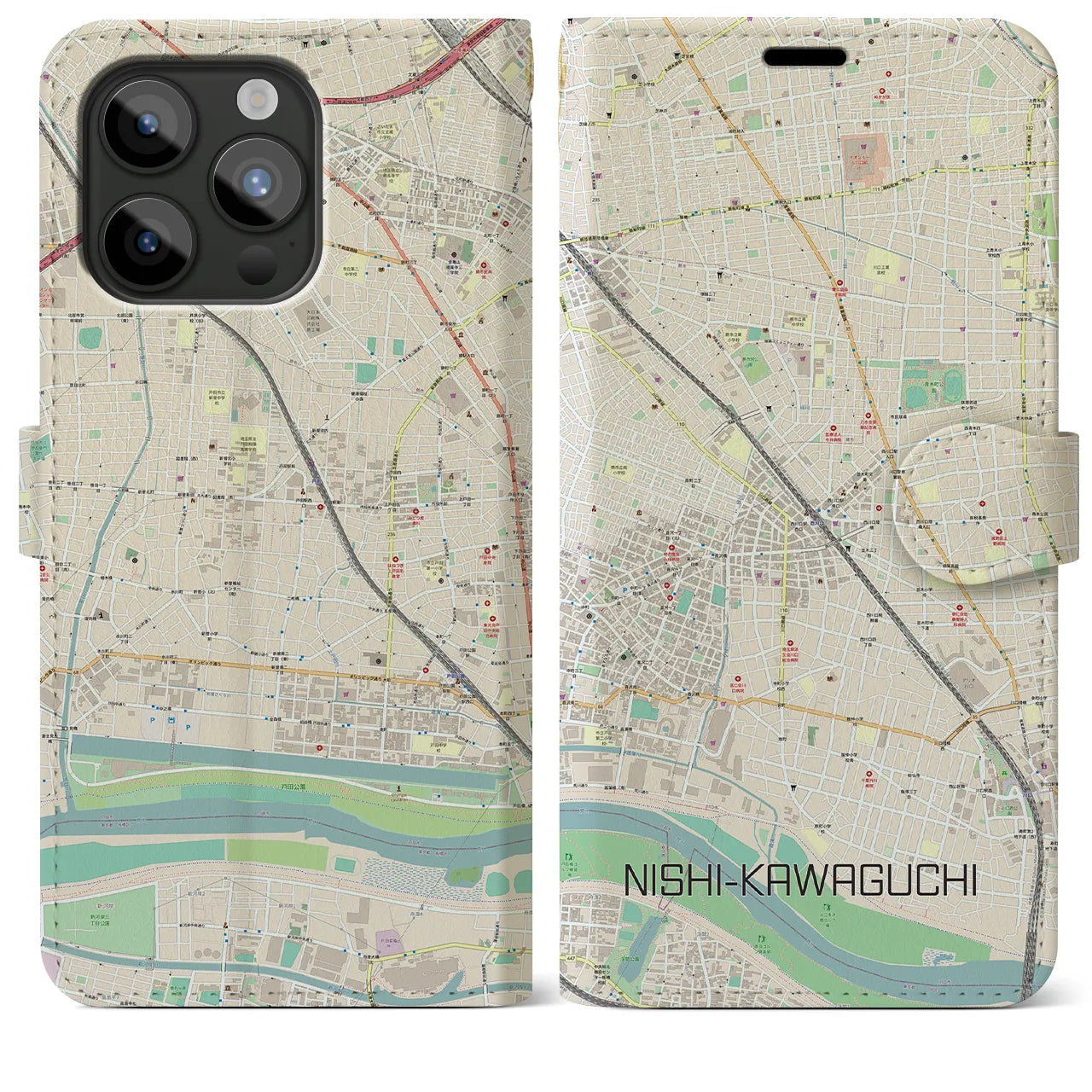 【西川口(埼玉県)】地図柄iPhoneケース(手帳タイプ)ナチュラル・iPhone 15 Pro Max 用
