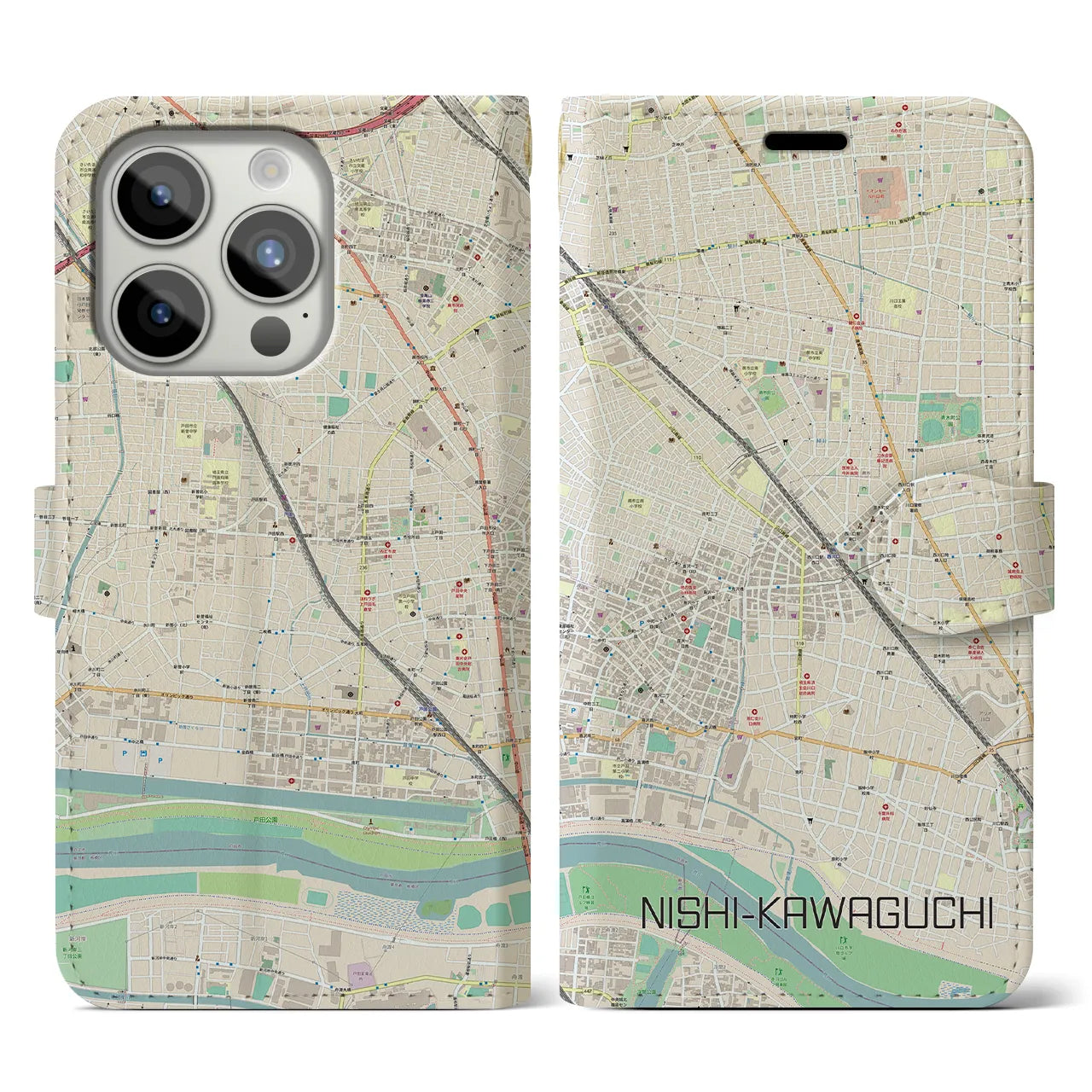 【西川口(埼玉県)】地図柄iPhoneケース(手帳タイプ)ナチュラル・iPhone 15 Pro 用