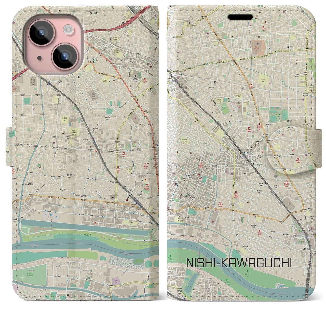 【西川口(埼玉県)】地図柄iPhoneケース(手帳タイプ)ナチュラル・iPhone 15 Plus 用