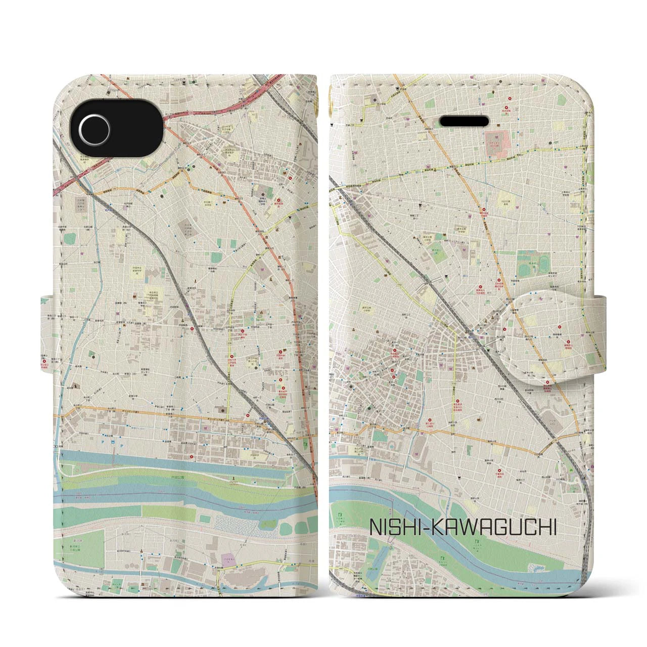 【西川口(埼玉県)】地図柄iPhoneケース(手帳タイプ)ナチュラル・iPhone SE(第3 / 第2世代) / 8 / 7 / 6s / 6 用