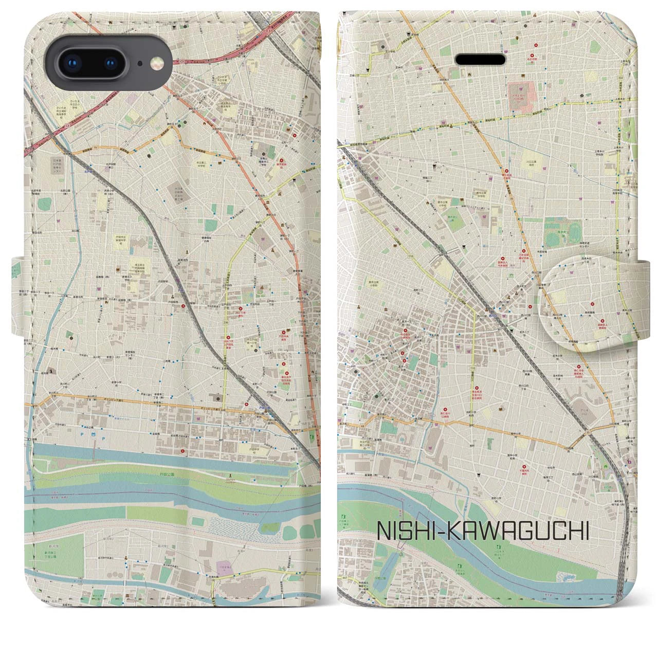 【西川口(埼玉県)】地図柄iPhoneケース(手帳タイプ)ナチュラル・iPhone 8Plus /7Plus / 6sPlus / 6Plus 用