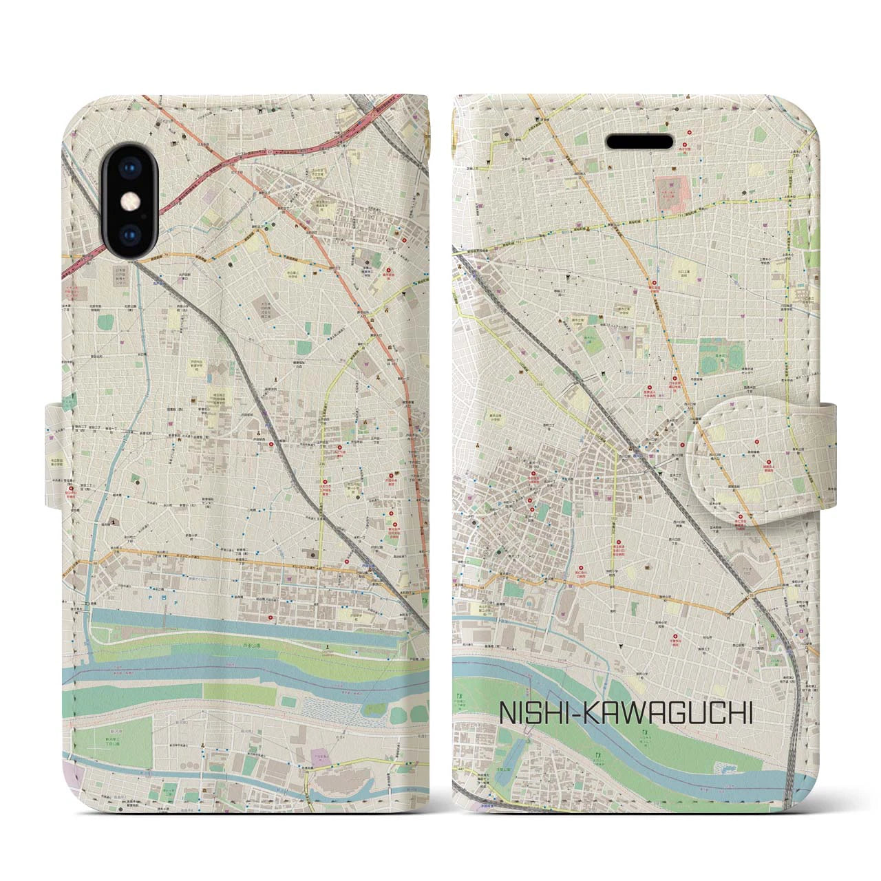 【西川口(埼玉県)】地図柄iPhoneケース(手帳タイプ)ナチュラル・iPhone XS / X 用