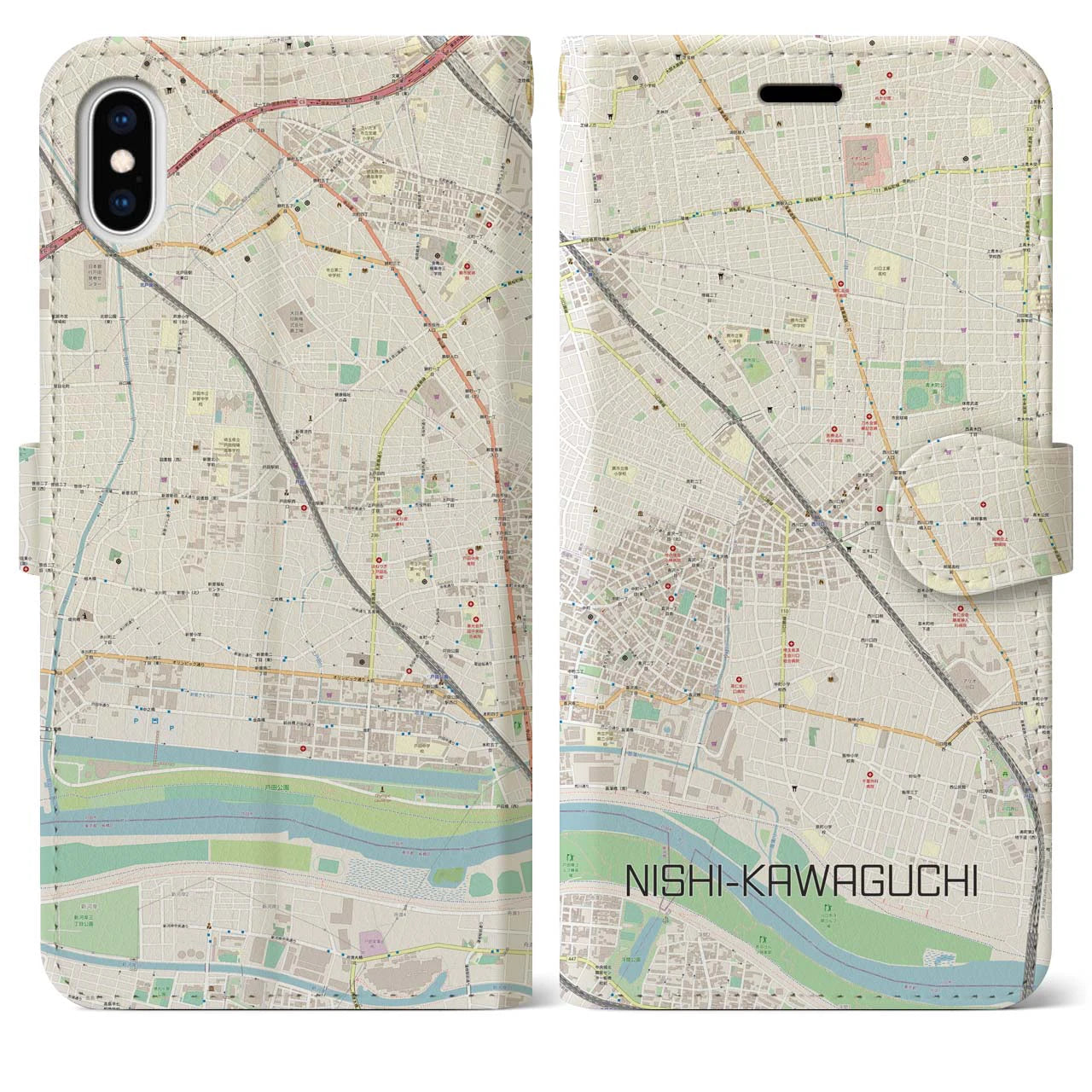 【西川口(埼玉県)】地図柄iPhoneケース(手帳タイプ)ナチュラル・iPhone XS Max 用