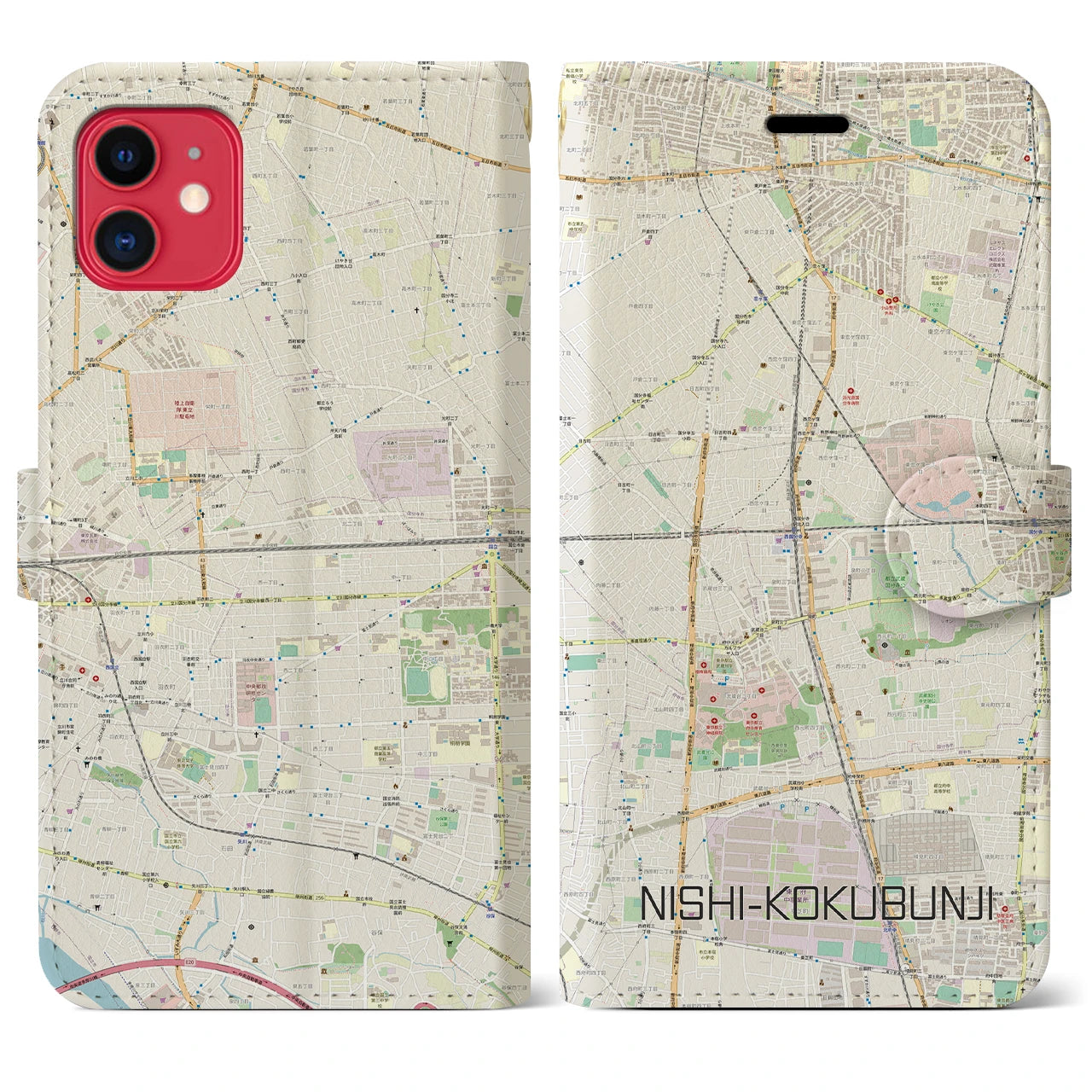 【西国分寺(東京都)】地図柄iPhoneケース(手帳タイプ)ナチュラル・iPhone 11 用