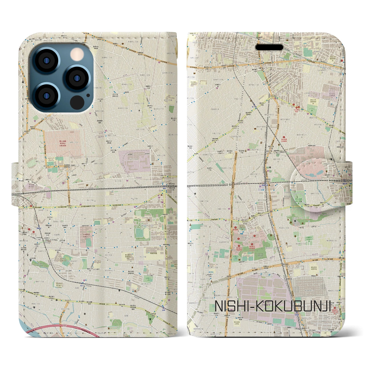 【西国分寺(東京都)】地図柄iPhoneケース(手帳タイプ)ナチュラル・iPhone 12 / 12 Pro 用