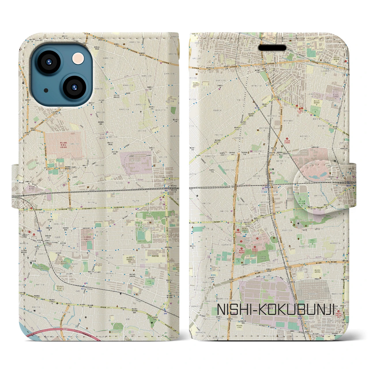 【西国分寺(東京都)】地図柄iPhoneケース(手帳タイプ)ナチュラル・iPhone 13 用