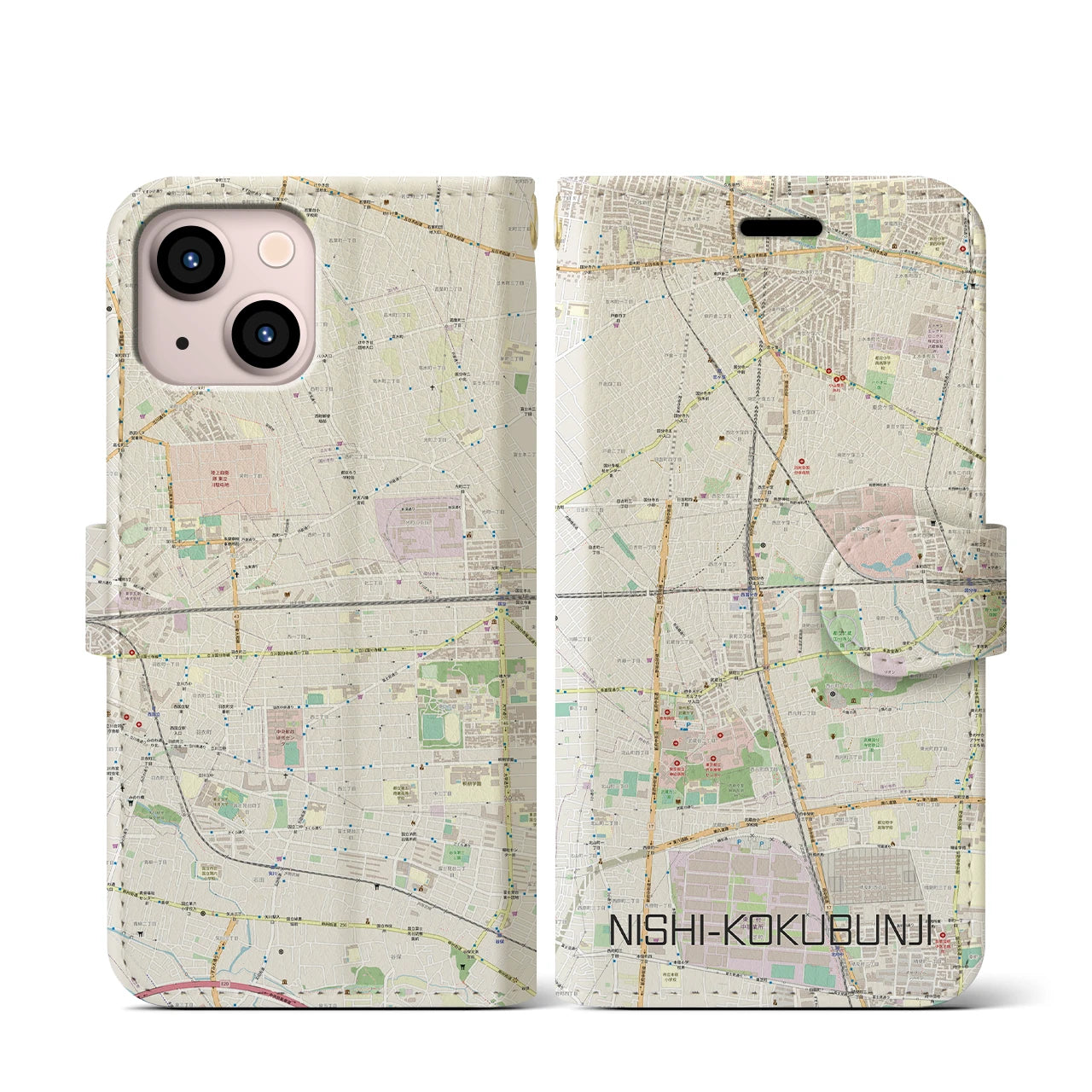 【西国分寺(東京都)】地図柄iPhoneケース(手帳タイプ)ナチュラル・iPhone 13 mini 用