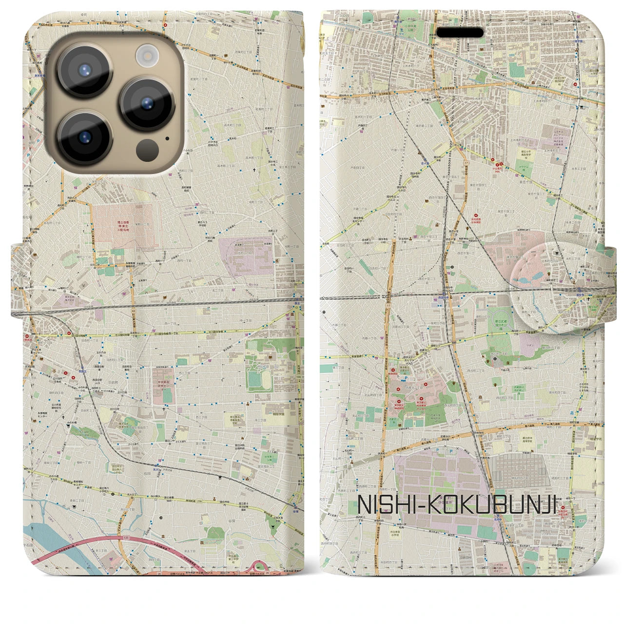 【西国分寺(東京都)】地図柄iPhoneケース(手帳タイプ)ナチュラル・iPhone 14 Pro Max 用